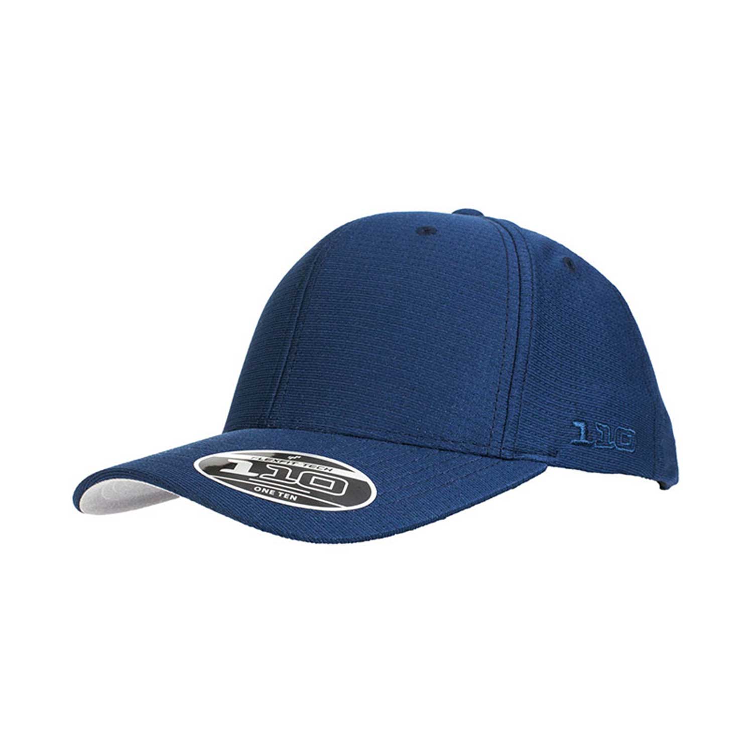 blue cap with visor 110 logo on the side embossed ventilation at top