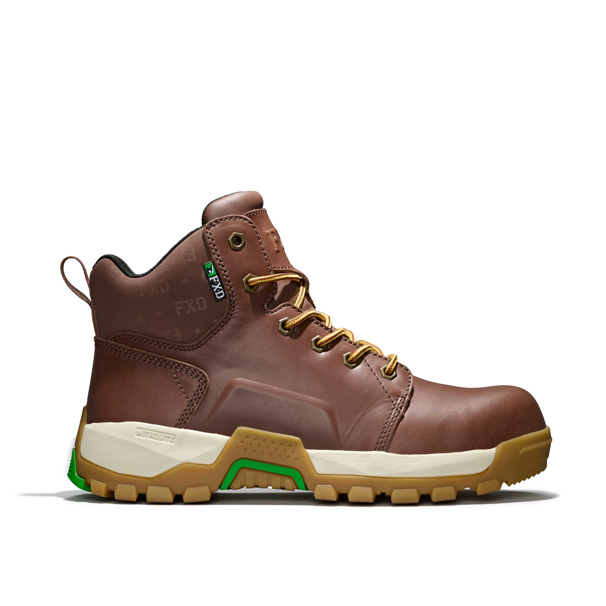 mid height brown leather workboot with brown and gold laces, brown and white sole with green highlights