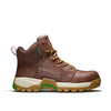 mid height brown leather workboot with brown and gold laces, brown and white sole with green highlights