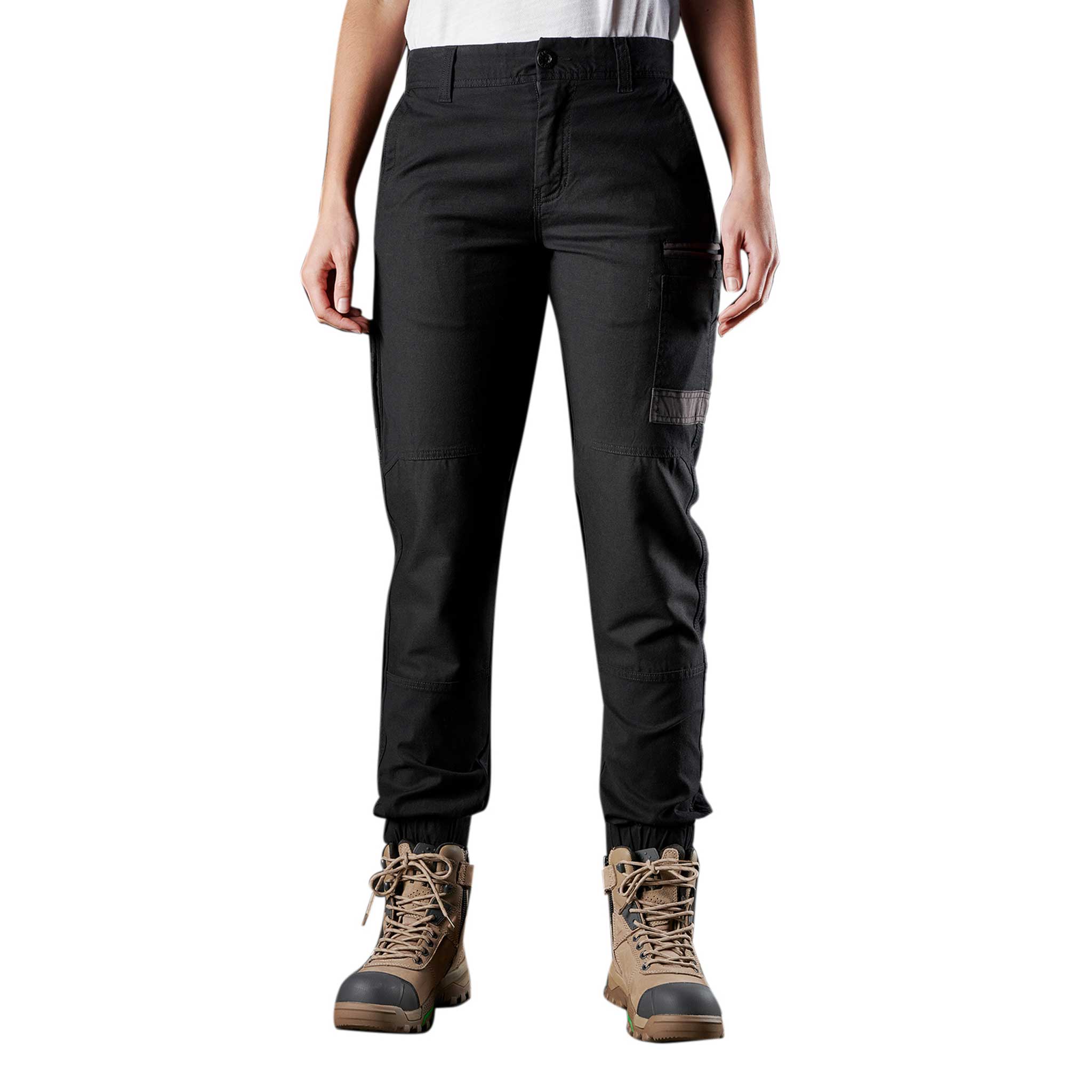 Women's black close-fitting work pants with grey pocket highlights and elastic cuffs.
