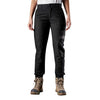 black full length close fitting ladies worksite pants with buttoned waist and belt loops. large pockets with grey highlights and elastic cuffs at the ankles