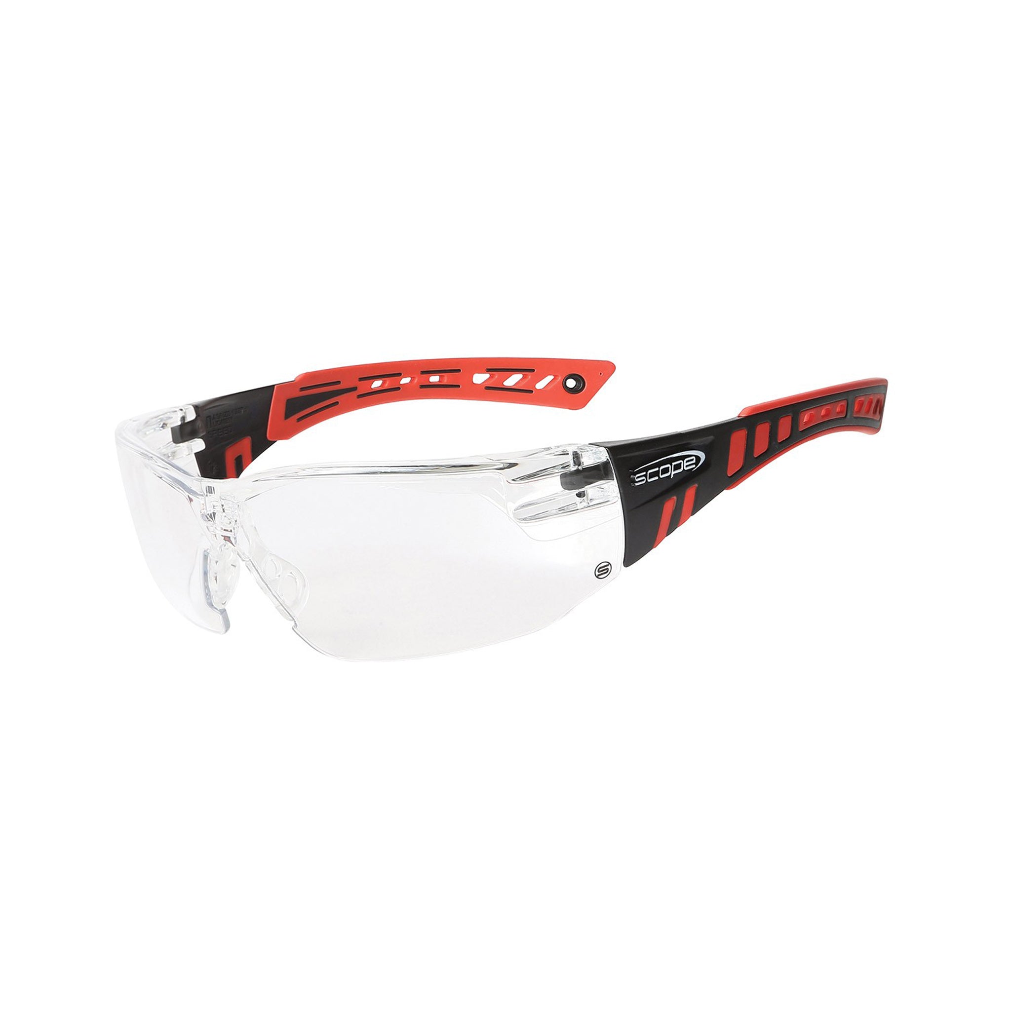 Scope Clear safety glasses in red black frame