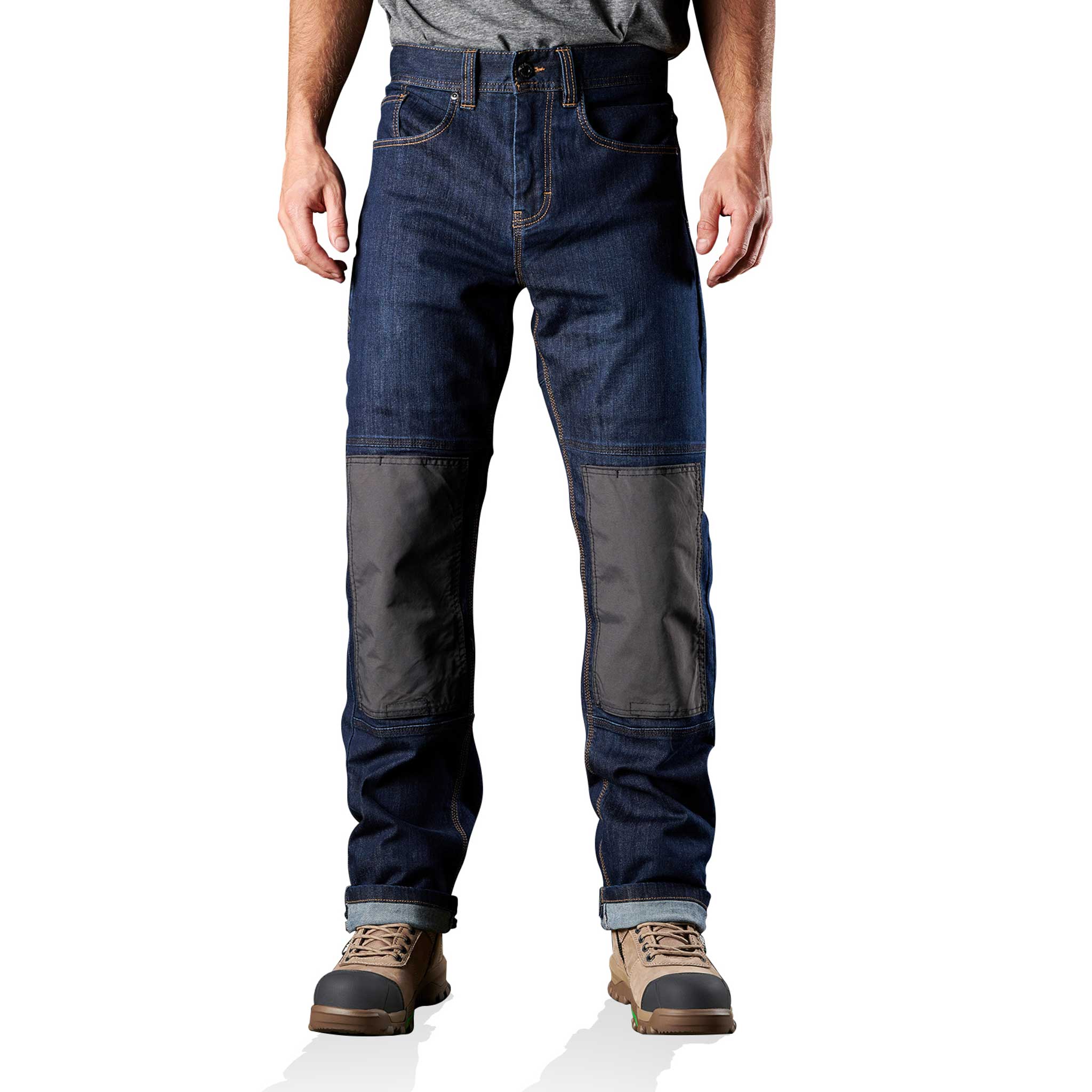 denim work jeans with high wear patches on the knees for crawling workspaces