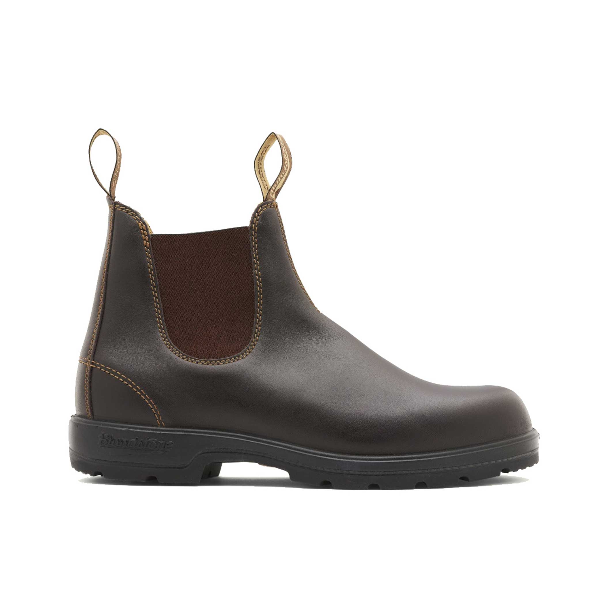 chestnut leather chelsea style workboot with smooth leather finish and pull tabs on the collar