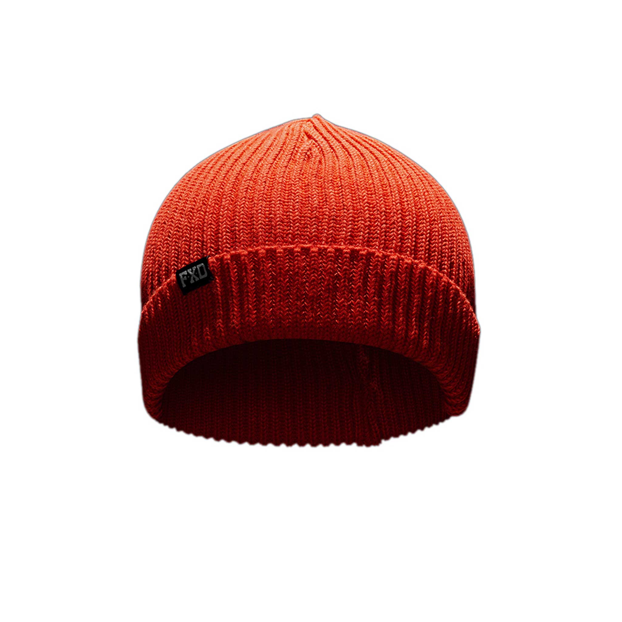 A red/orange FXD beanie with a ribbed design and roll cuff.
