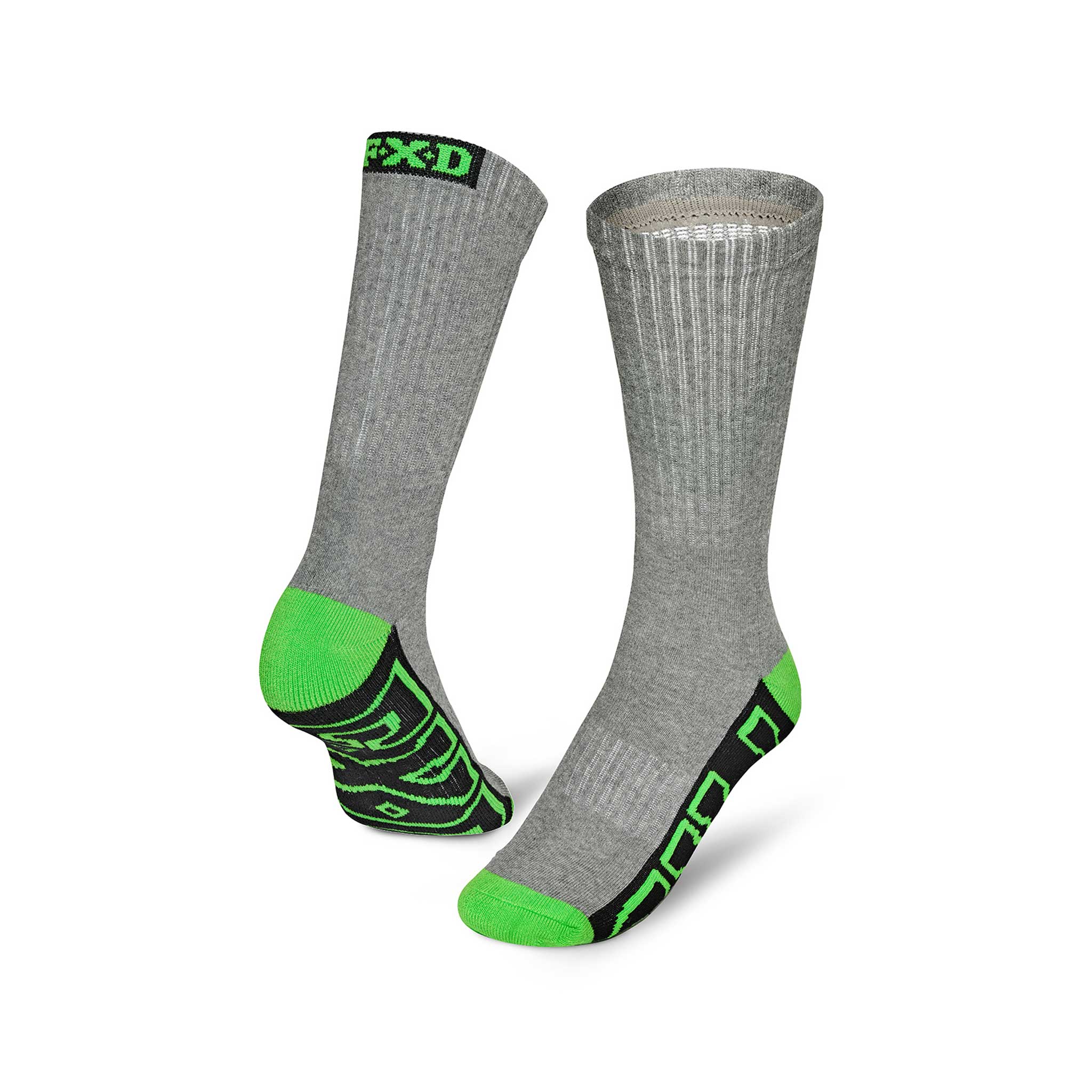 grey full height socks with green and black patches across the base of the foot with logo
