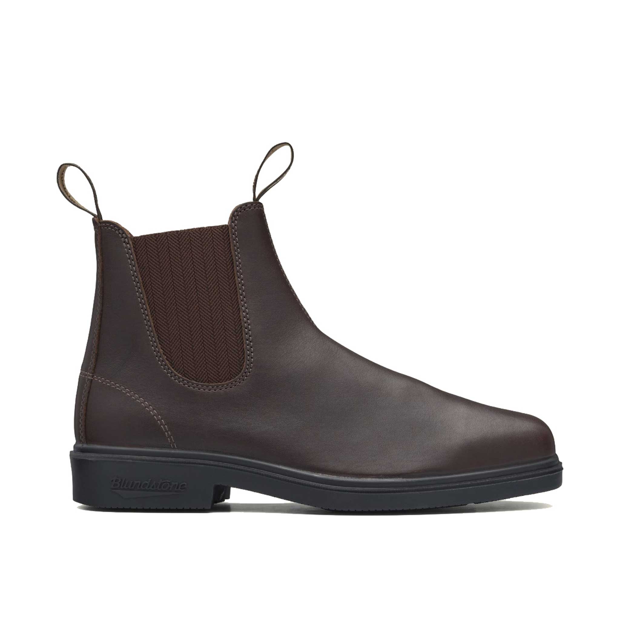 brown leather chelsea style boot with slender toe area and pull tabs on collar