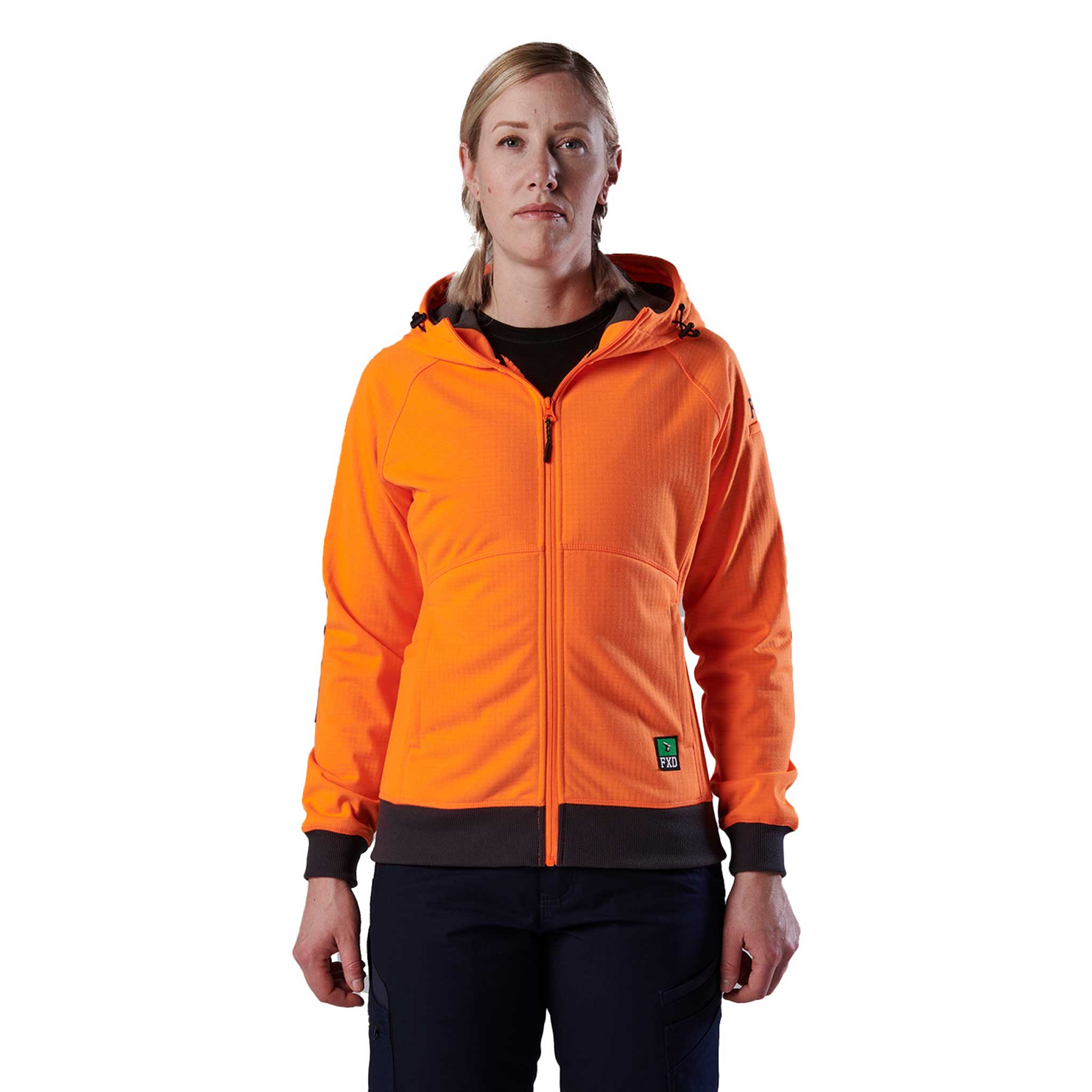 ladies high-vis orange zip-up hoodie windbreaker with cuffed black wrists and waist FXD logo