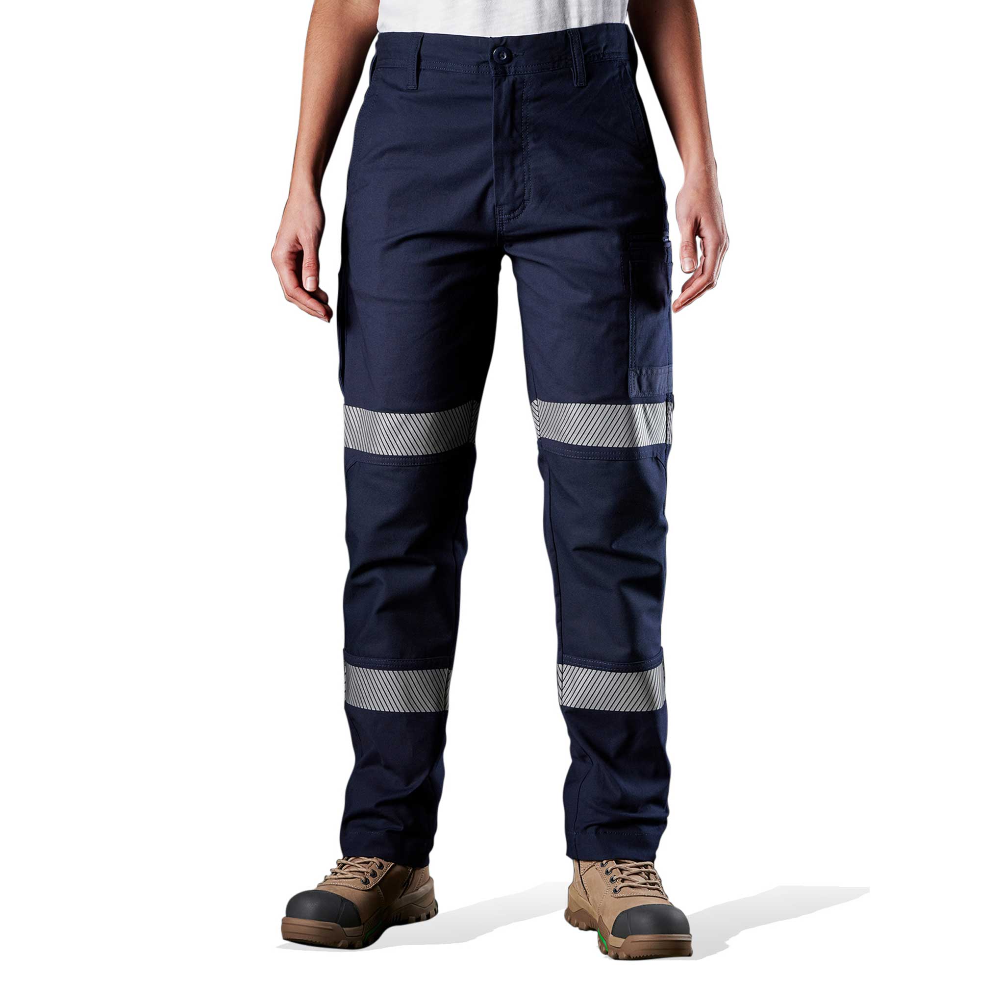 Women's navy blue work pants with straight cut cuffs and hi-vis bands.