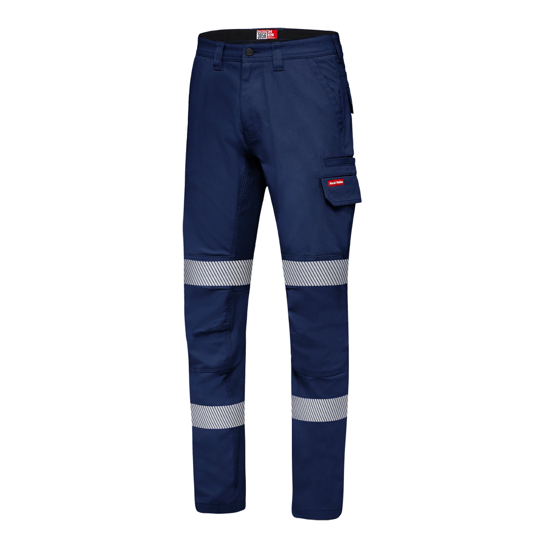 Navy blue work pants with a large flapped pocket and reflective stripes on the knee and shin.