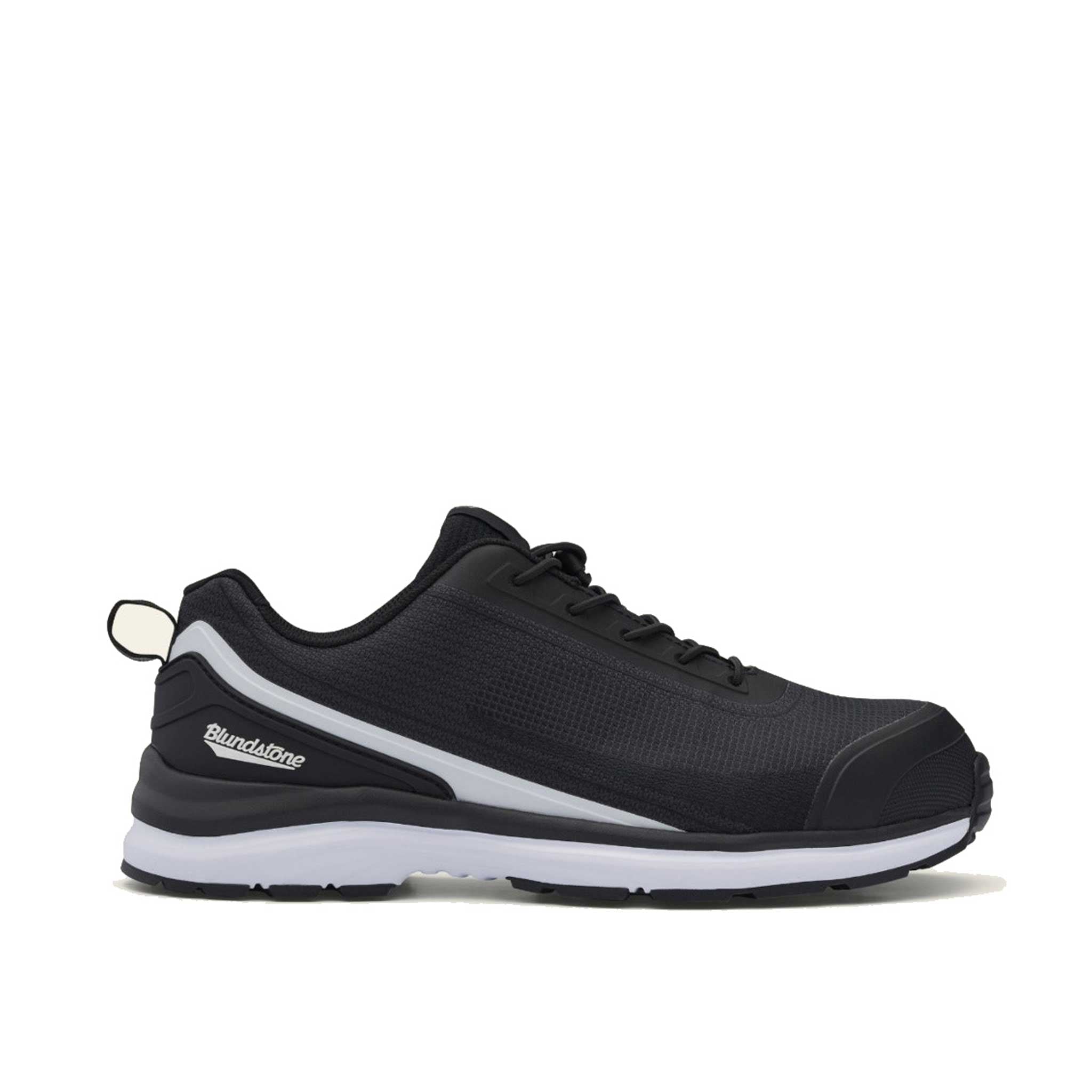 low cut safety jogger that is black textile with white accents. small blundstone logo at the heel