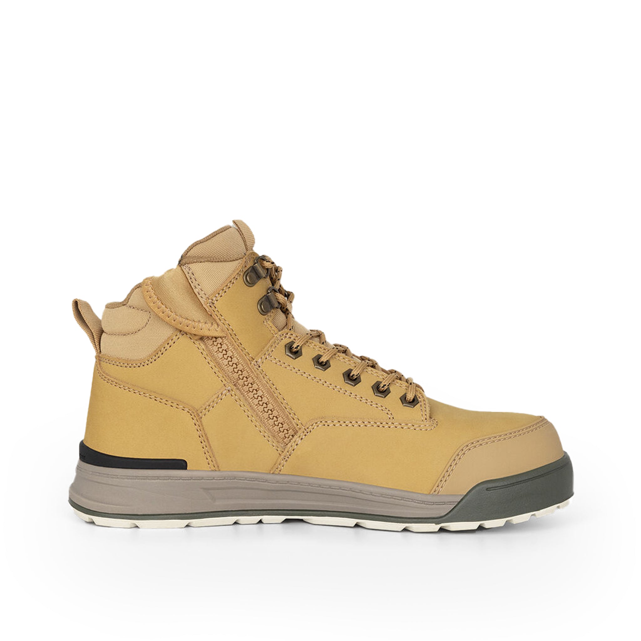 mid height hiker style workboot with size zipper and zipper nook. scalloped collar and black details near heel