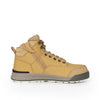 mid height hiker style workboot with size zipper and zipper nook. scalloped collar and black details near heel