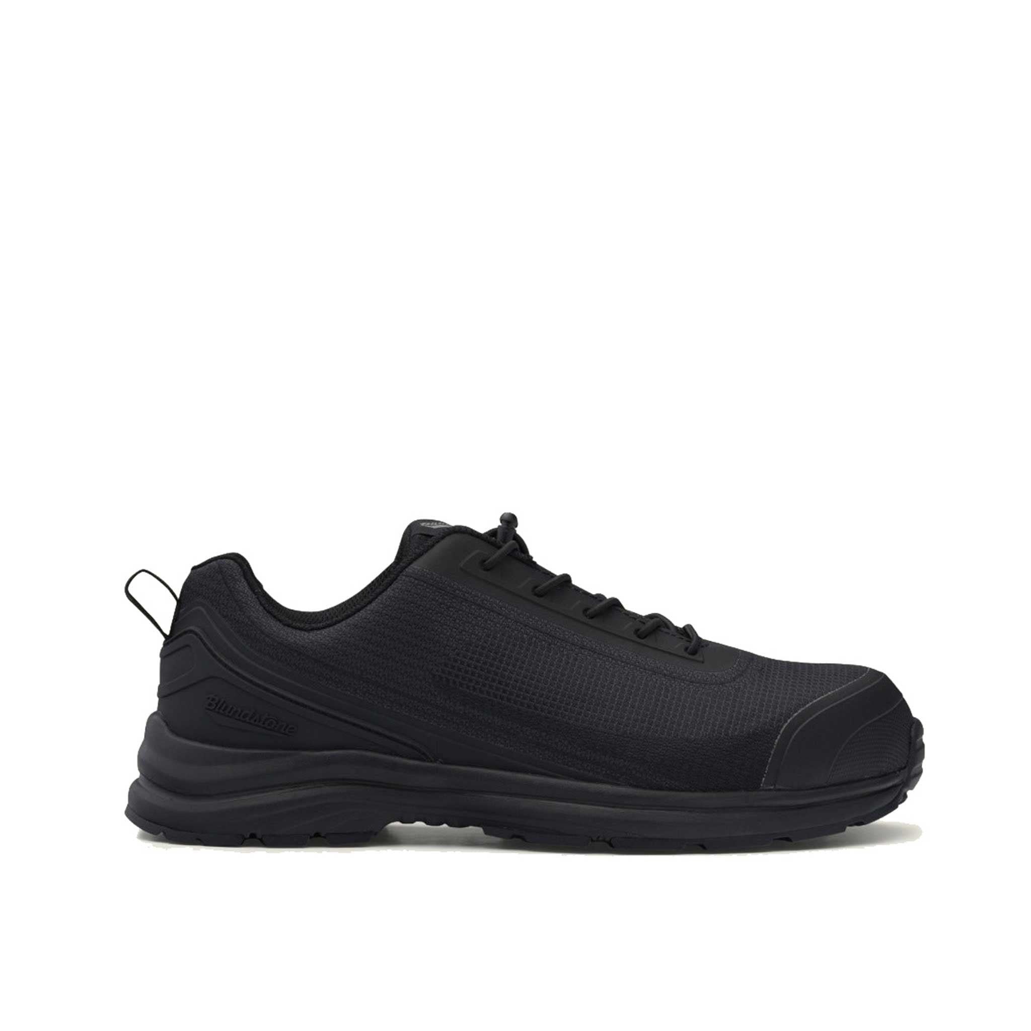 black low cut jogger style safety shoe with grid texture and toe cap with pull tab at rear