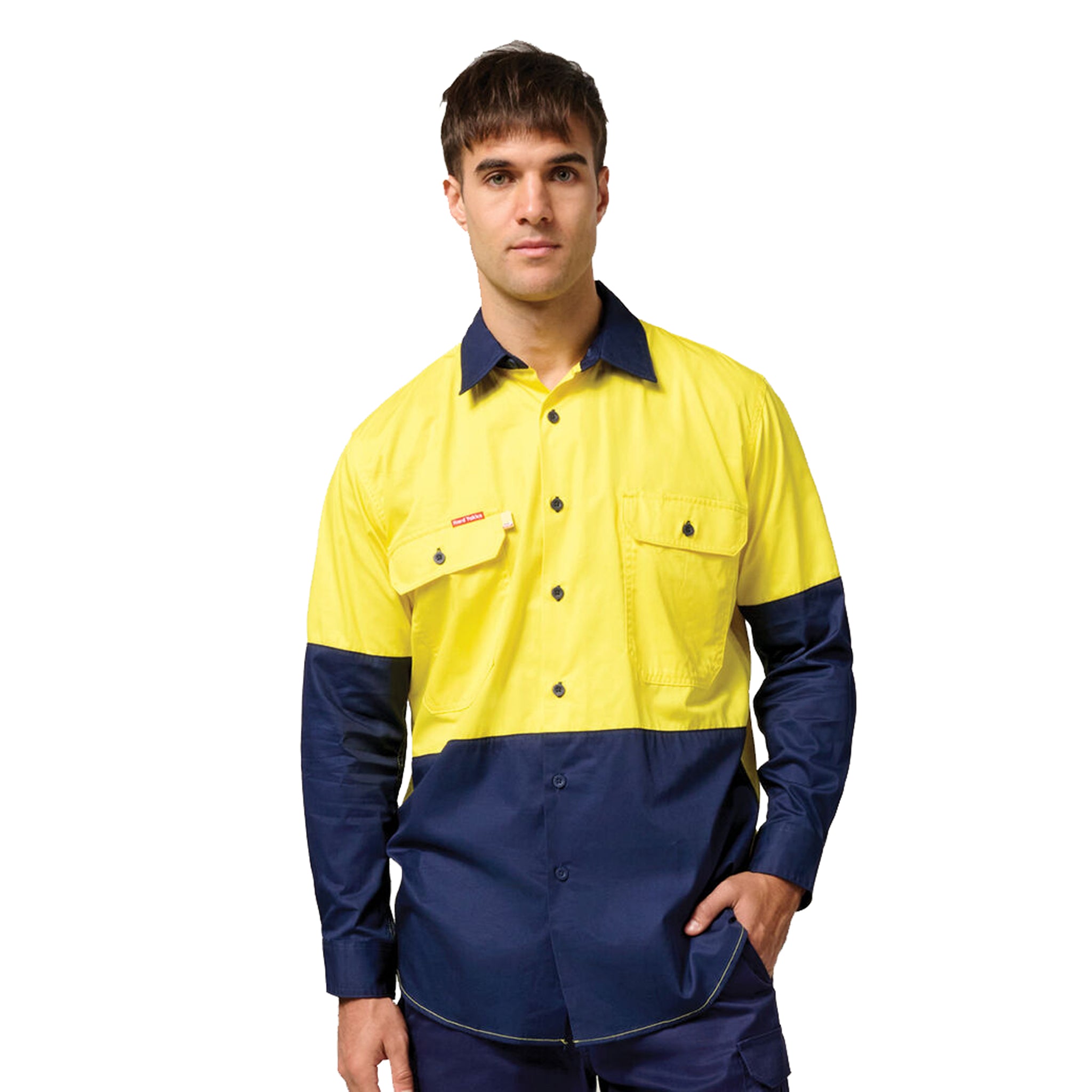 high-vis safety shirt in two tone of yellow with navy blue collar and lower panel