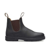 black leather chelsea style workboot with lightly textured leather finish and pull tabs on the collar. brown elastic panels and light brown stitching