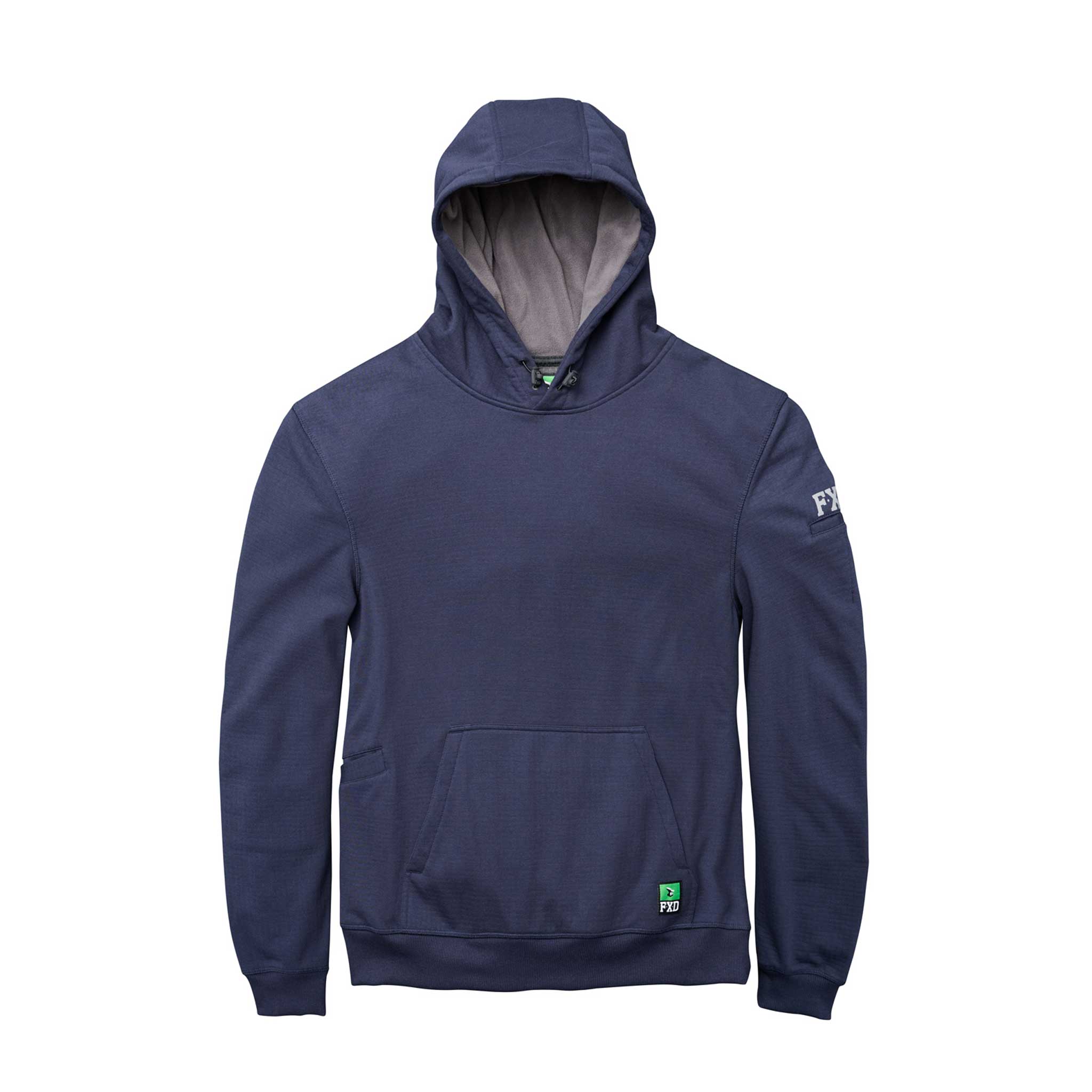 navy blue work hoodie with kangaroo pocket and FXD logo on shoulder and waist