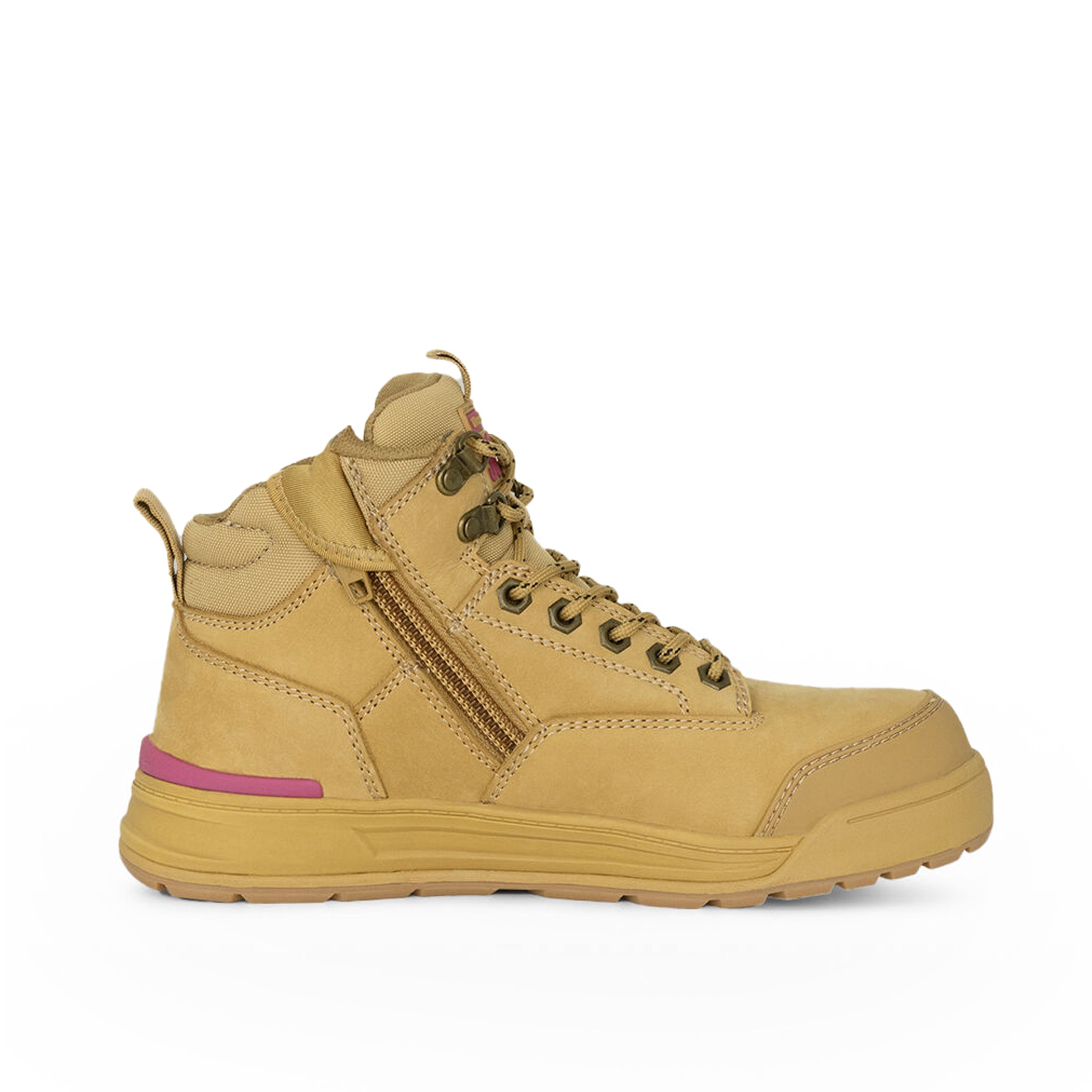 Women's mid-height hiker style workboot with a side zipper, scalloped collar, and pink heel details.