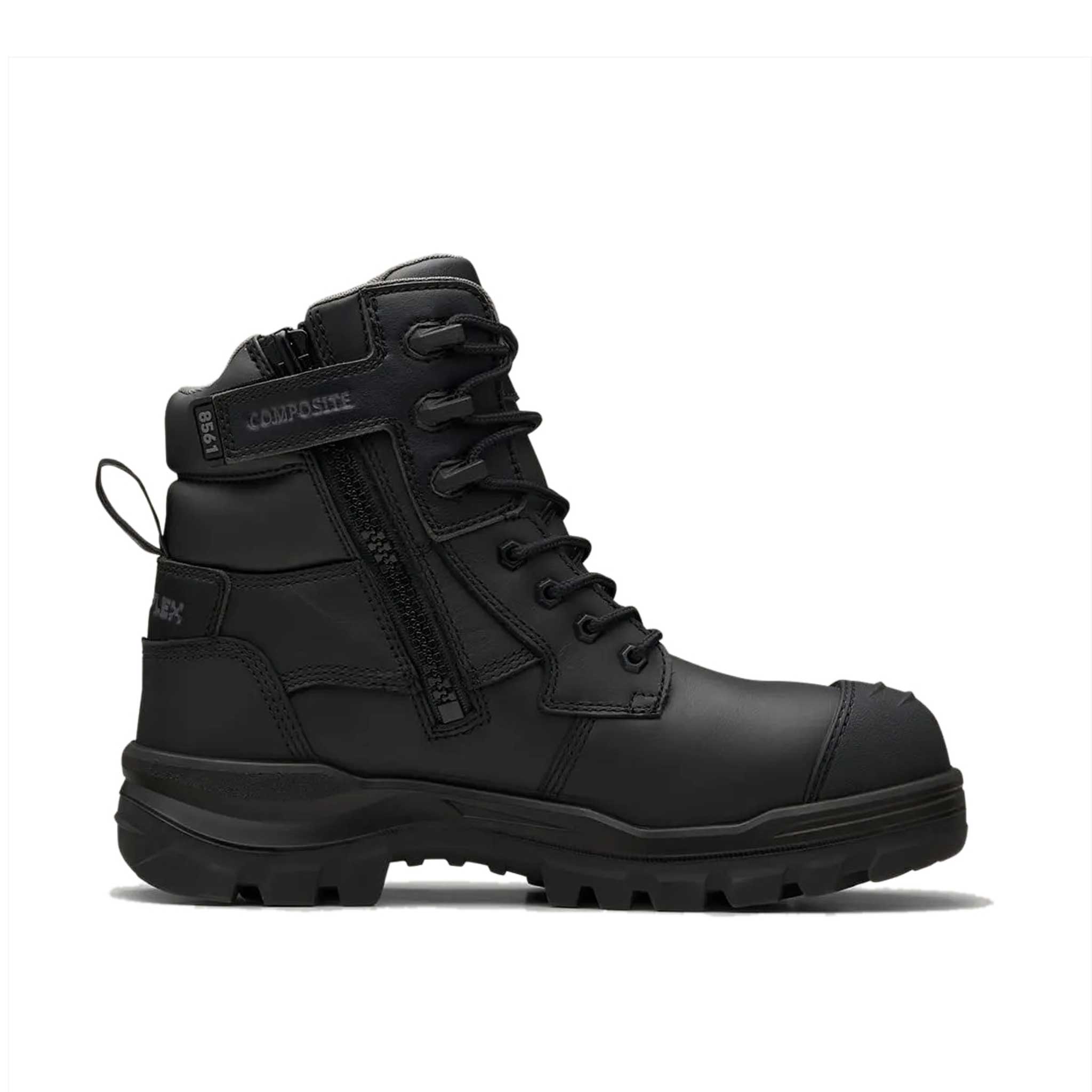 black leather lace up work boot with scalloped collar and large side zip and toe cap