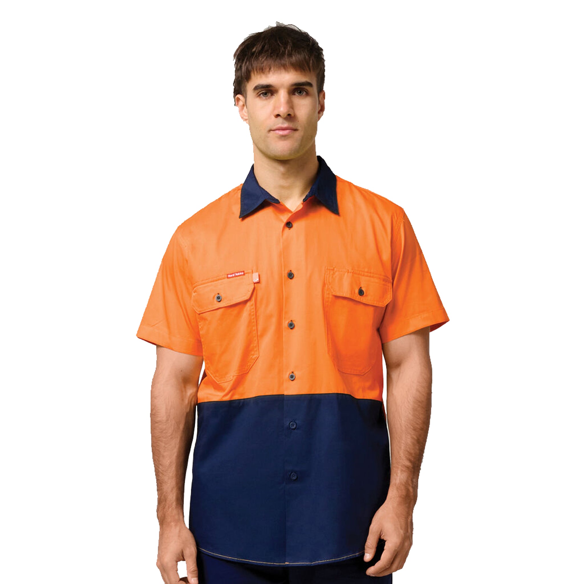 high-vis safety shirt in two tone of orange with navy blue collar and lower panel