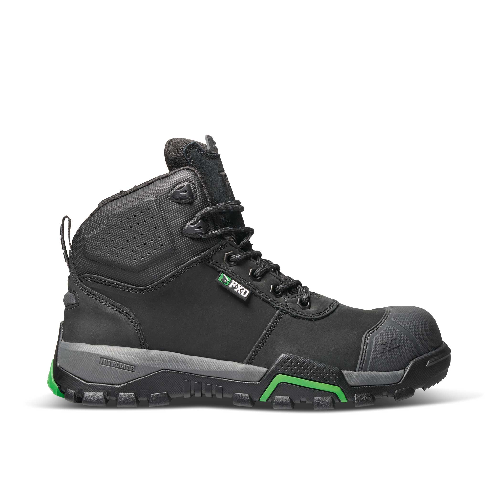 mid height black workboot with fxd logos, grey and green sole highlights with rubbed toe capping
