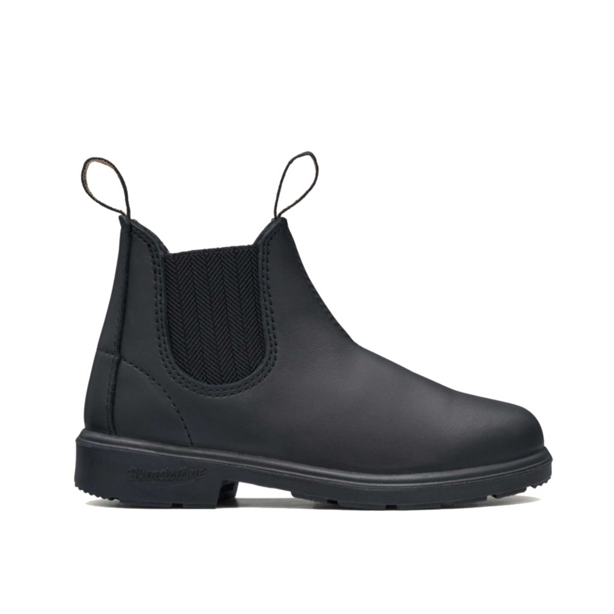 black leather chelsea style kids boot with black elastic panels and pull tabs for easy use