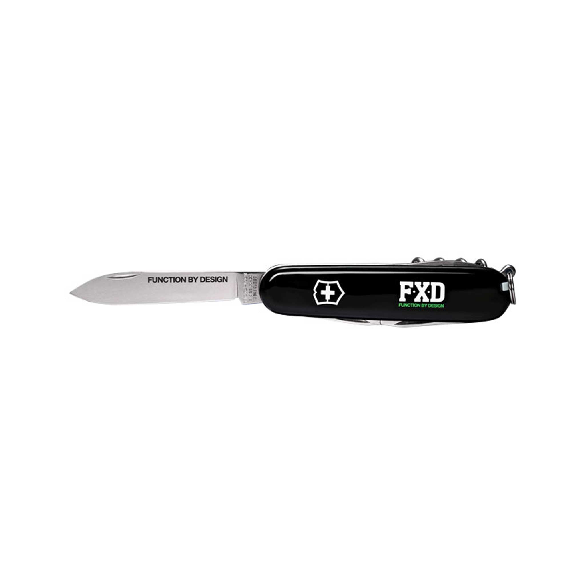 black swiss army knife with FXD logo on handle with function by design printed on blade