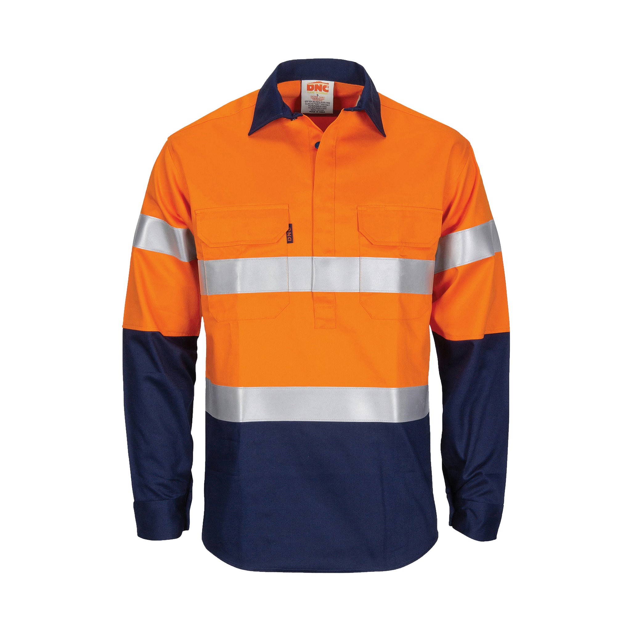 DNC 3407 Patron Saint Long Sleeve reflective hi-vis Drill Shirt orange navy