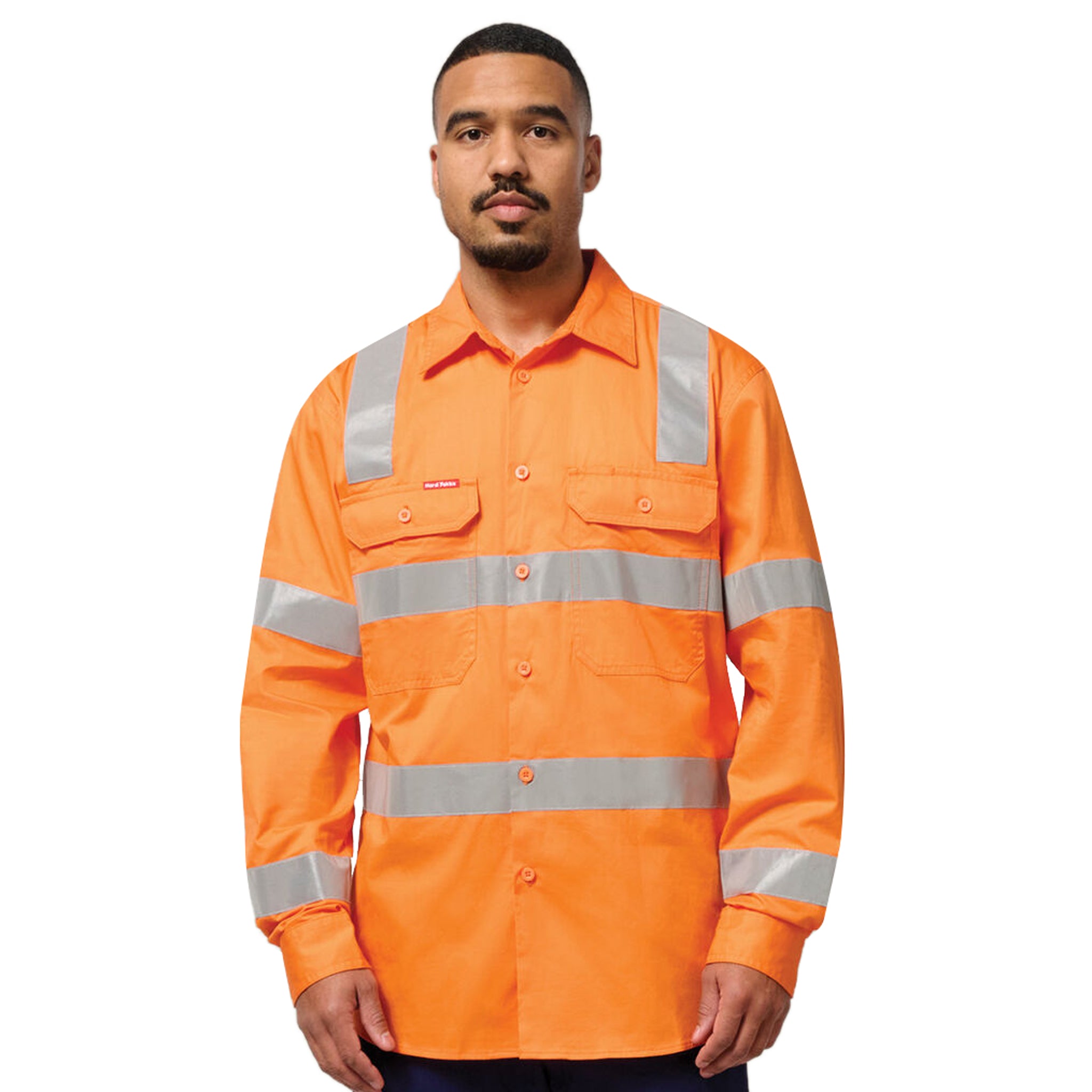 Hi-vis orange safety shirt with reflective strips and two large chest pockets.