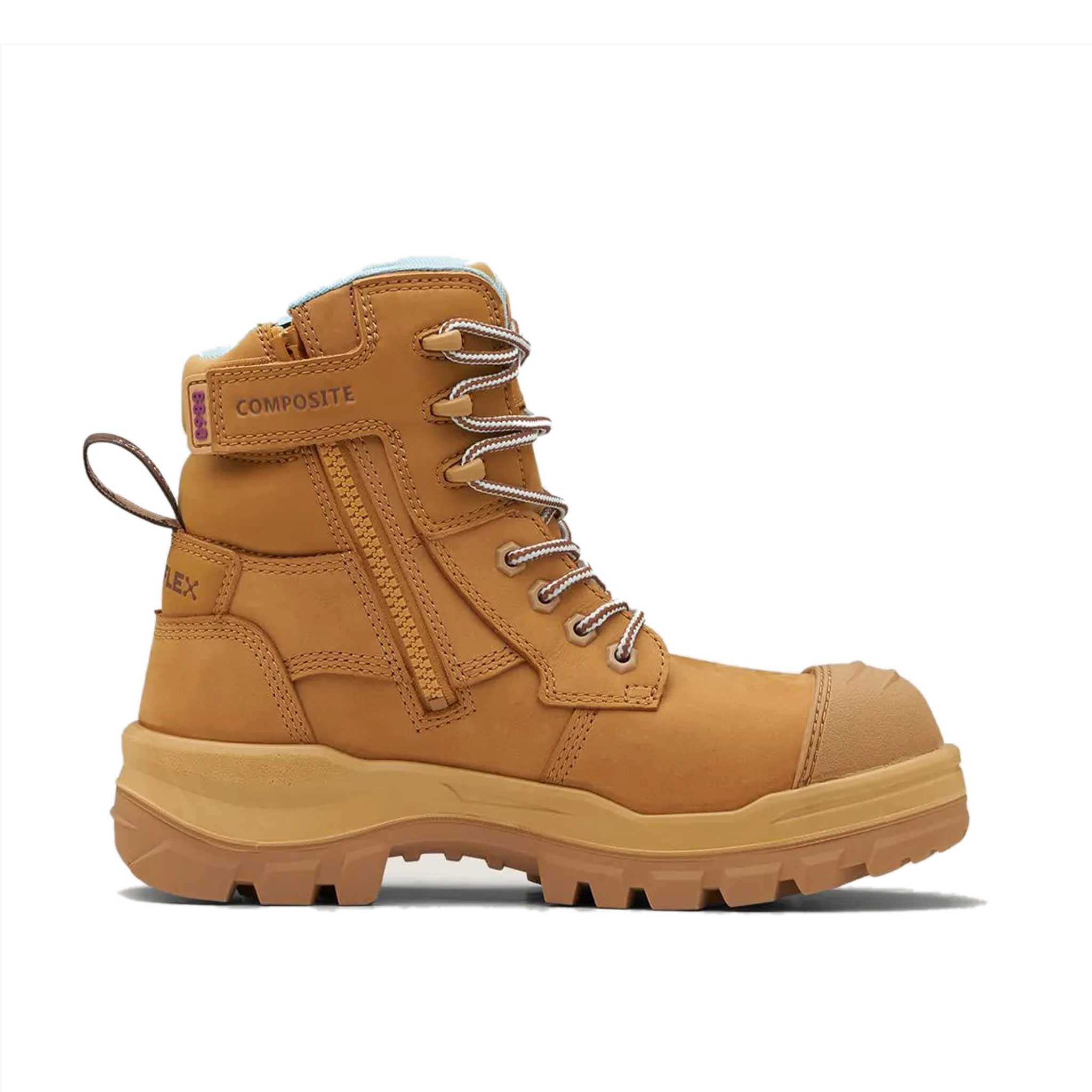 full height wheat leather work boot with scalloped collar and full length side zip. two tone sole and toe cap