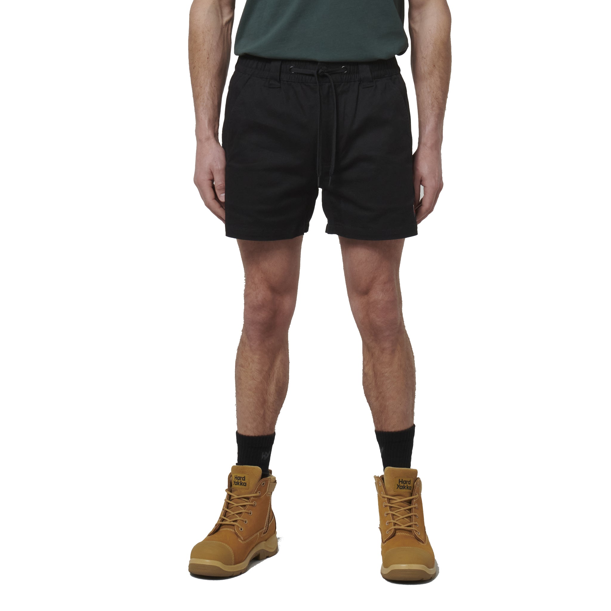 relaxed cut black work shorts that end above the knee, with drawstring and belt loops for easy adjustment