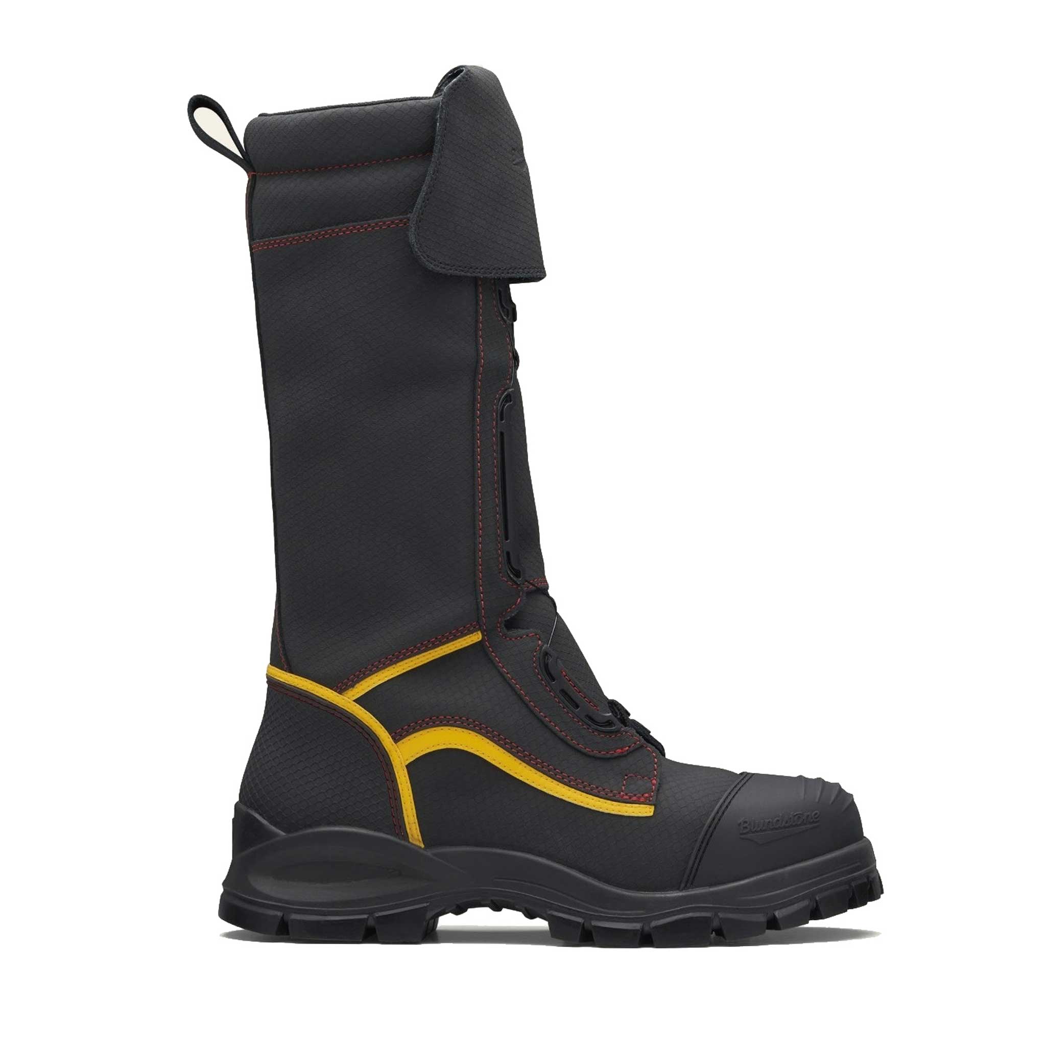 Calf-height black leather work boot with red stitching, a BOA lacing system, and yellow highlights.