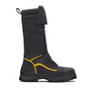 calf height black leather work boot with red stitching in upper and front. BOA lacing system and yellow streaked highlights around the base of the boot