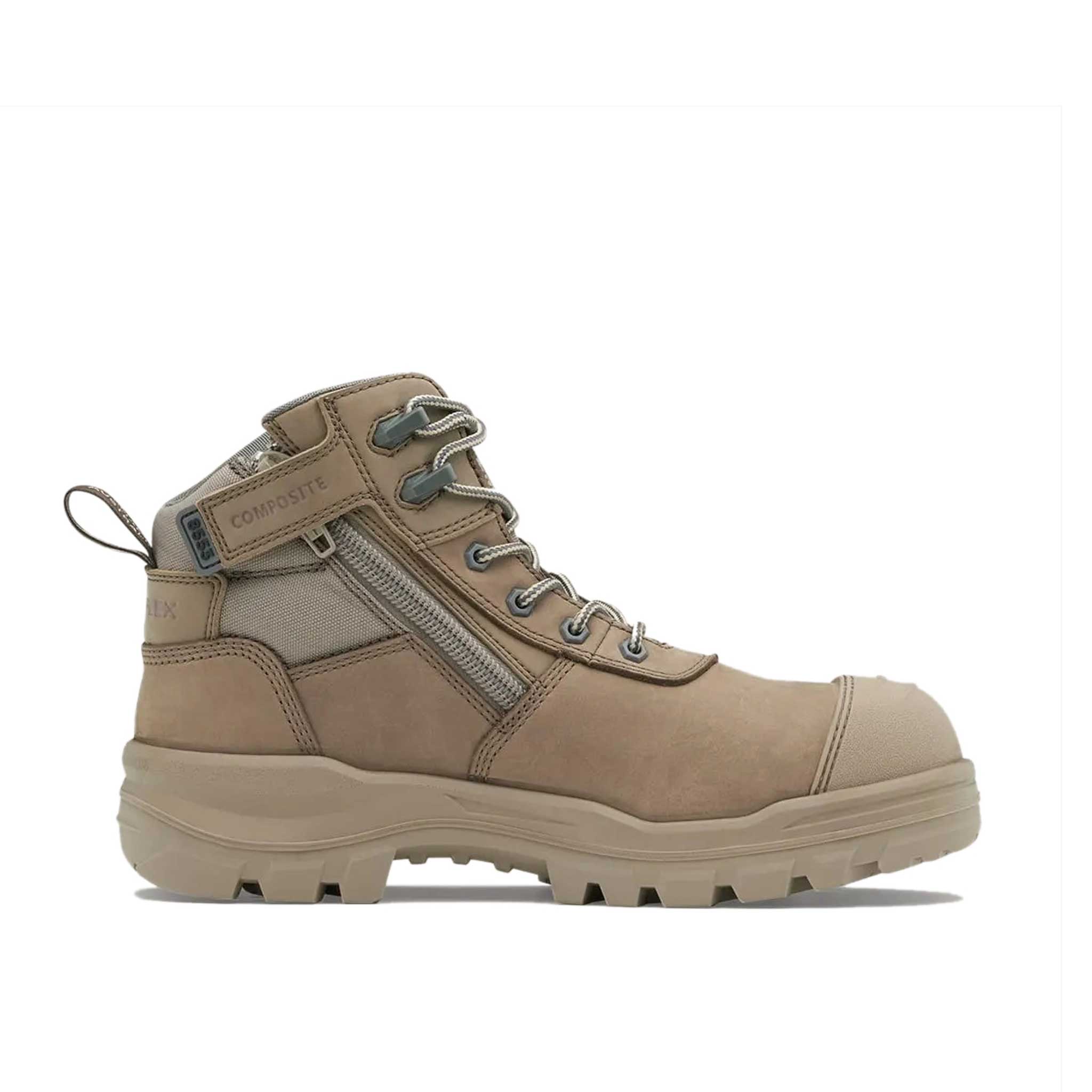 mid height leather work boot with slate coloured eyelets and robust side zip reinforced with strap