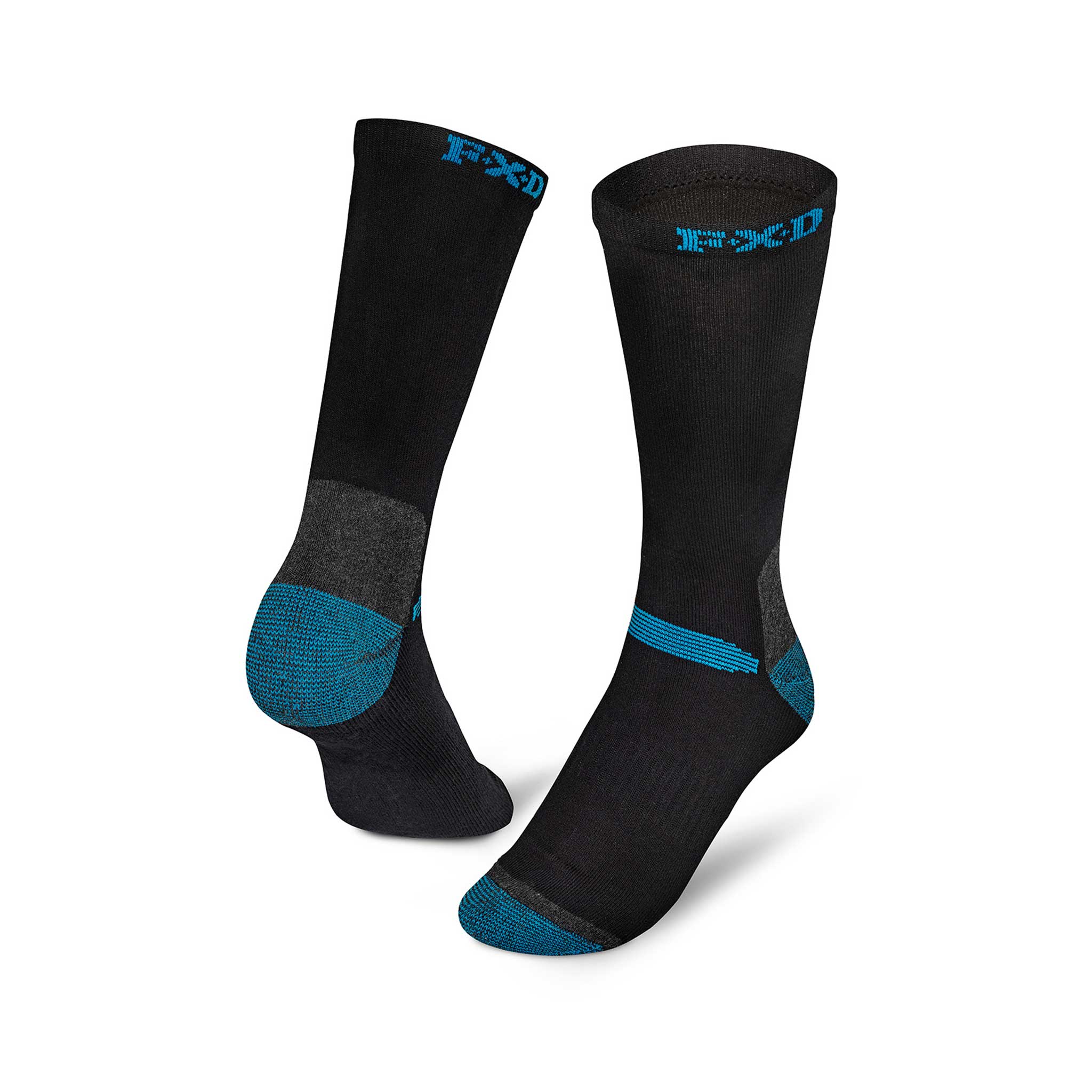 full height black sock with blue and grey highlights withFXD logo