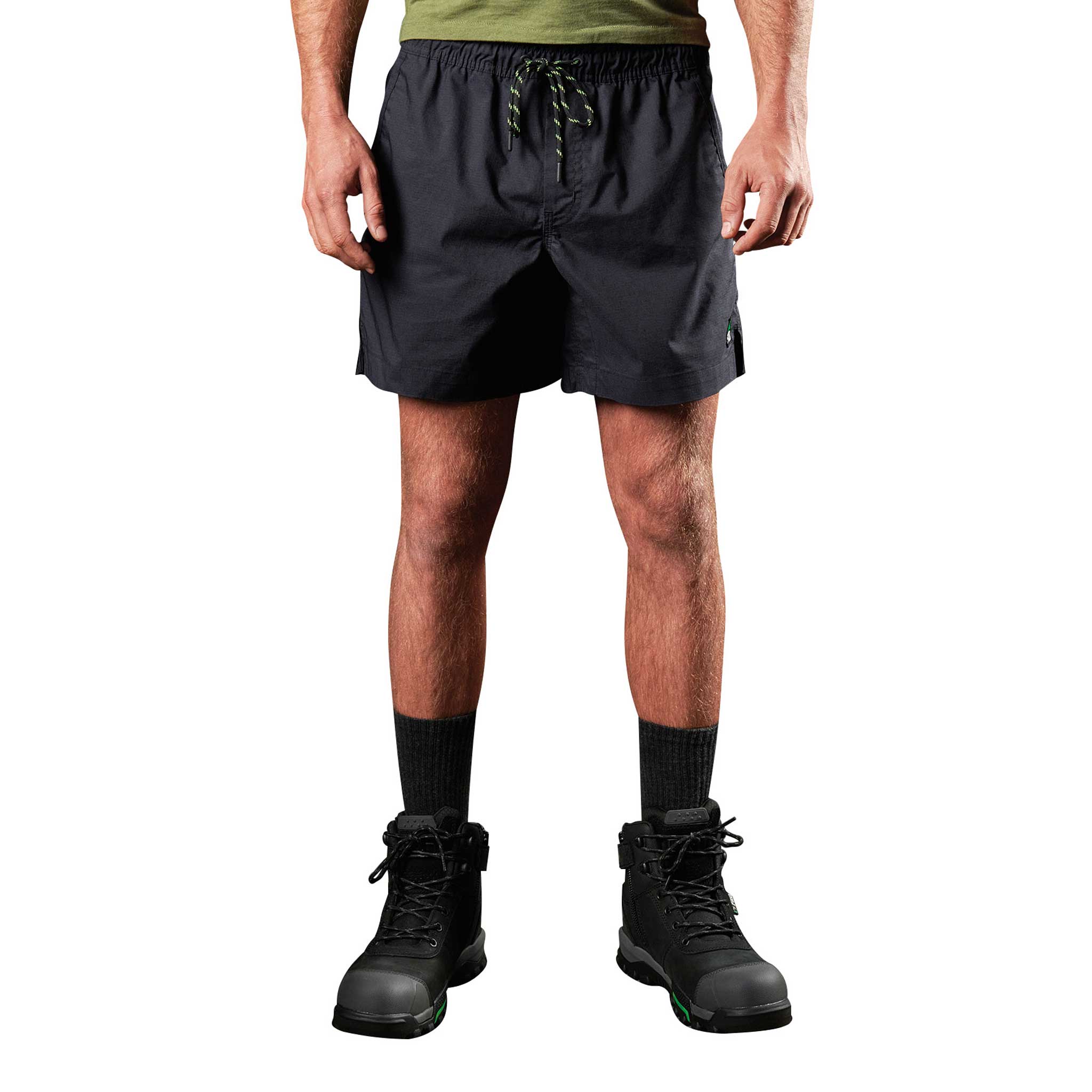 black coloured tradie shorts that end well above the knee.