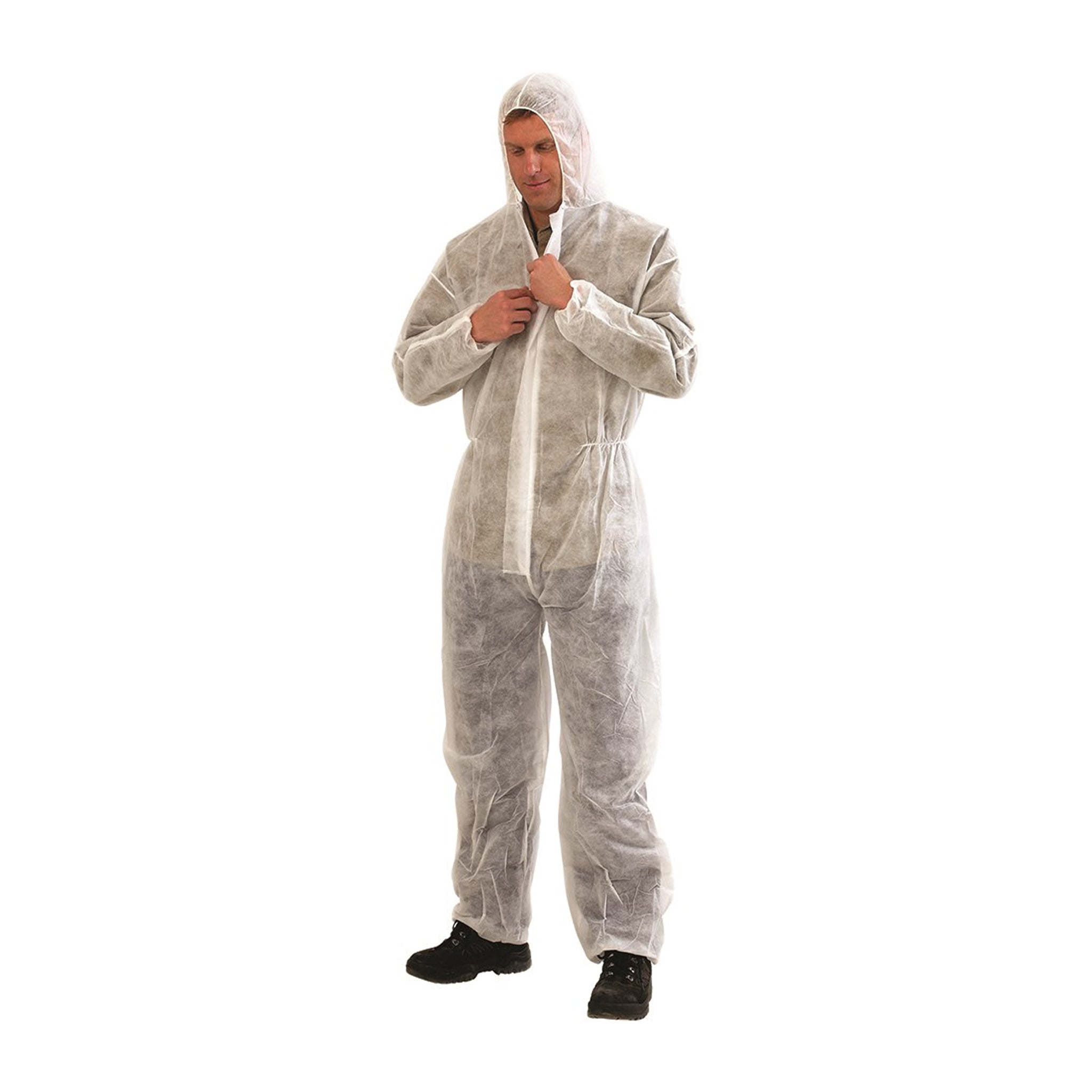White disposable protective coverall hood safety gear