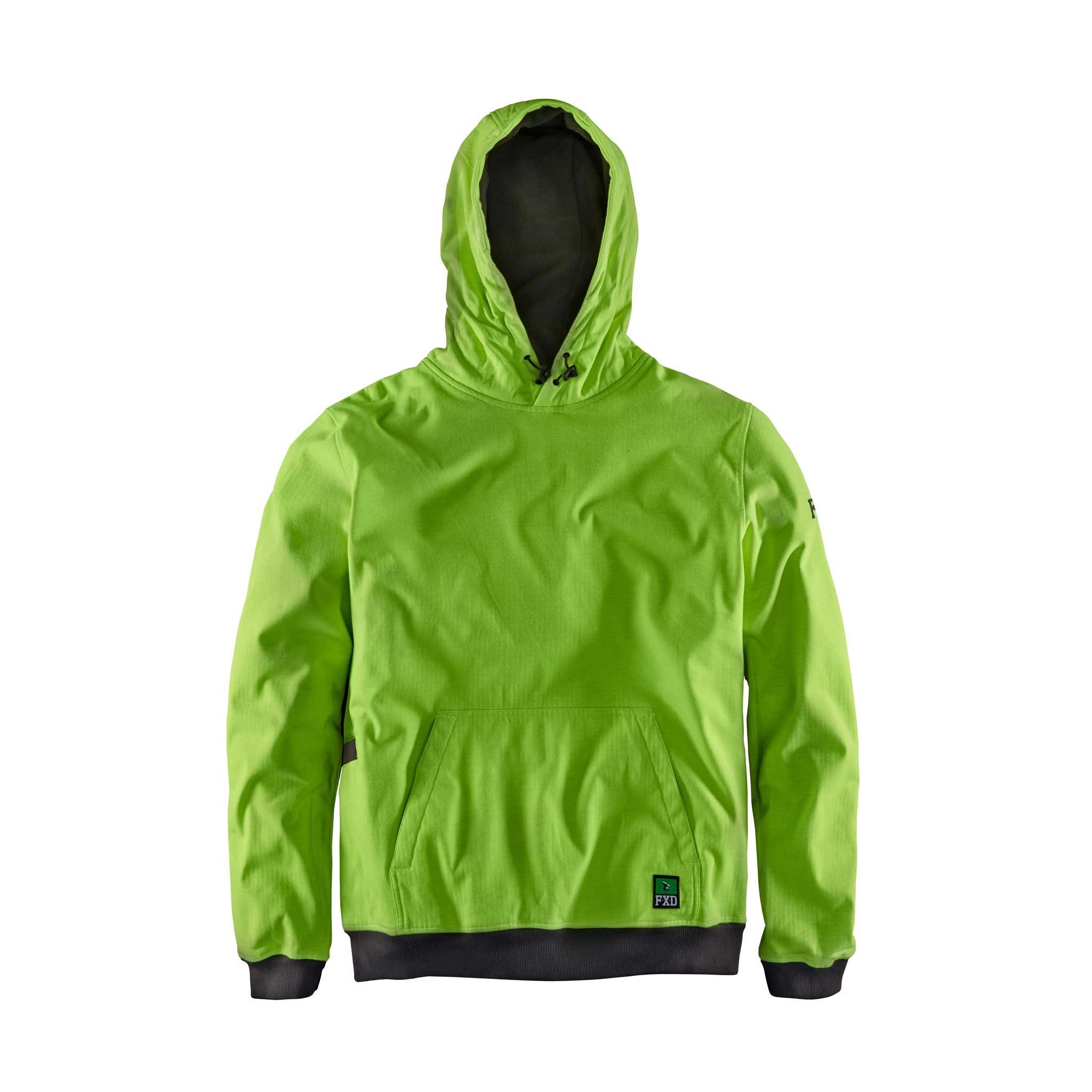 windproof high-vis green hoodie with black cuffs and waistband, great for cold worksite mornings