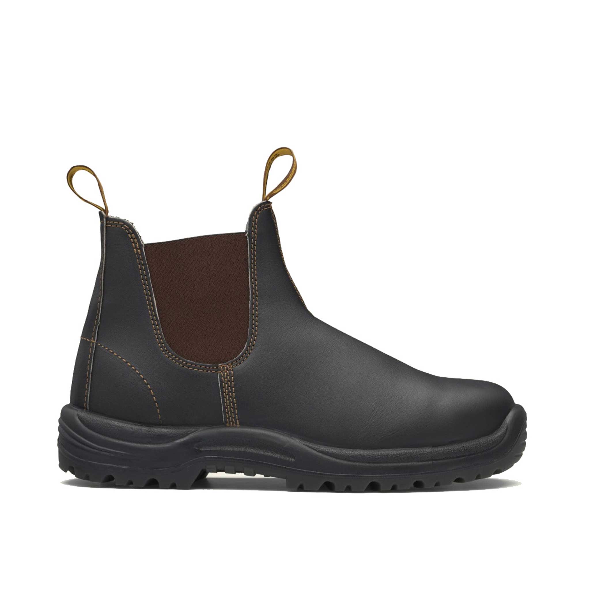 dark brown chelsea style work boot with black sole and brown elastic side panels and brown stitching