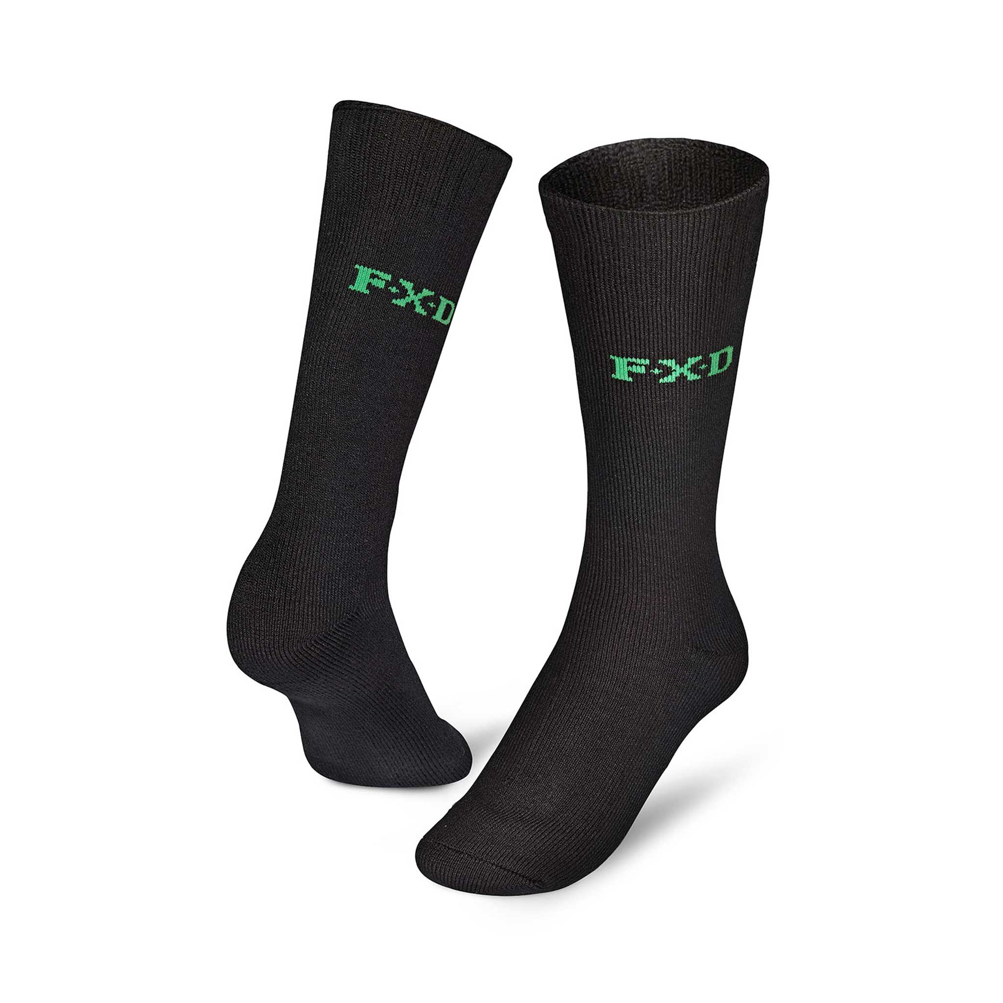 full height black socks with green fxd logo above the ankle