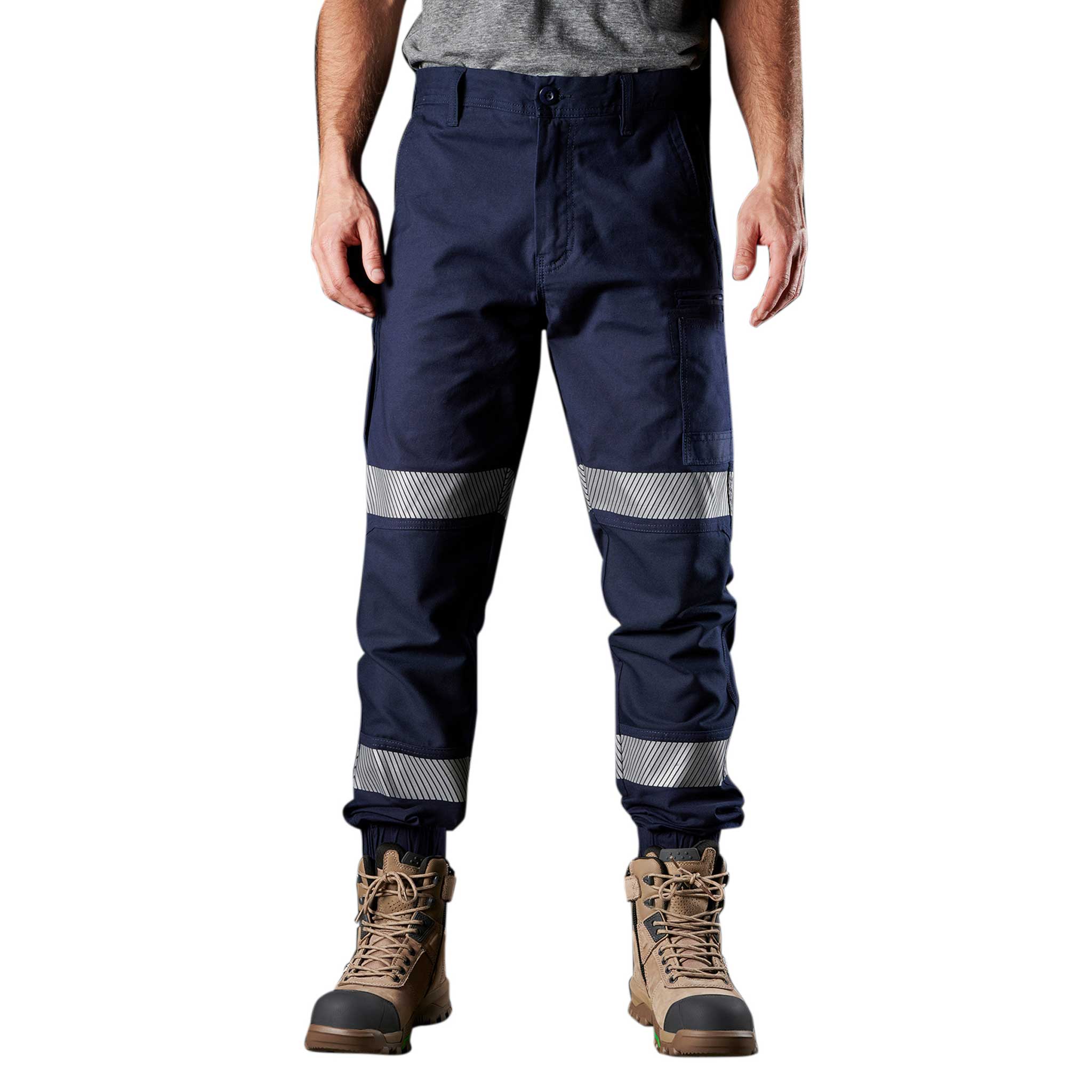 Navy work pants with large pockets, hi-vis bands, and elastic ankle cuffs.