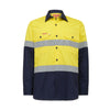 high-vis safety shirt in two tone of yellow with navy blue collar and lower panel, reflecting strips across the chest and waist