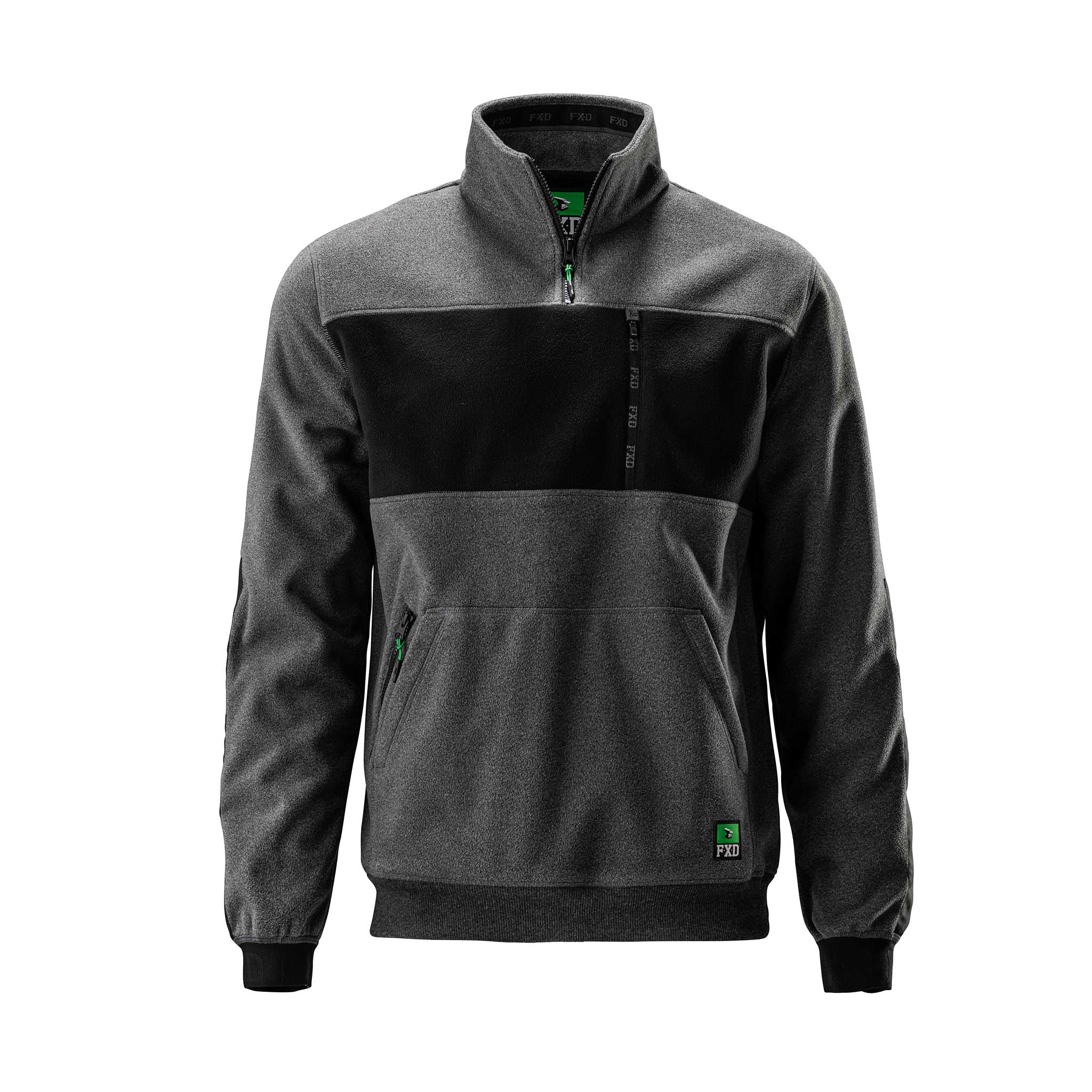 A gray FXD branded fleece quarter zip sweater with a half zipper and front pockets.