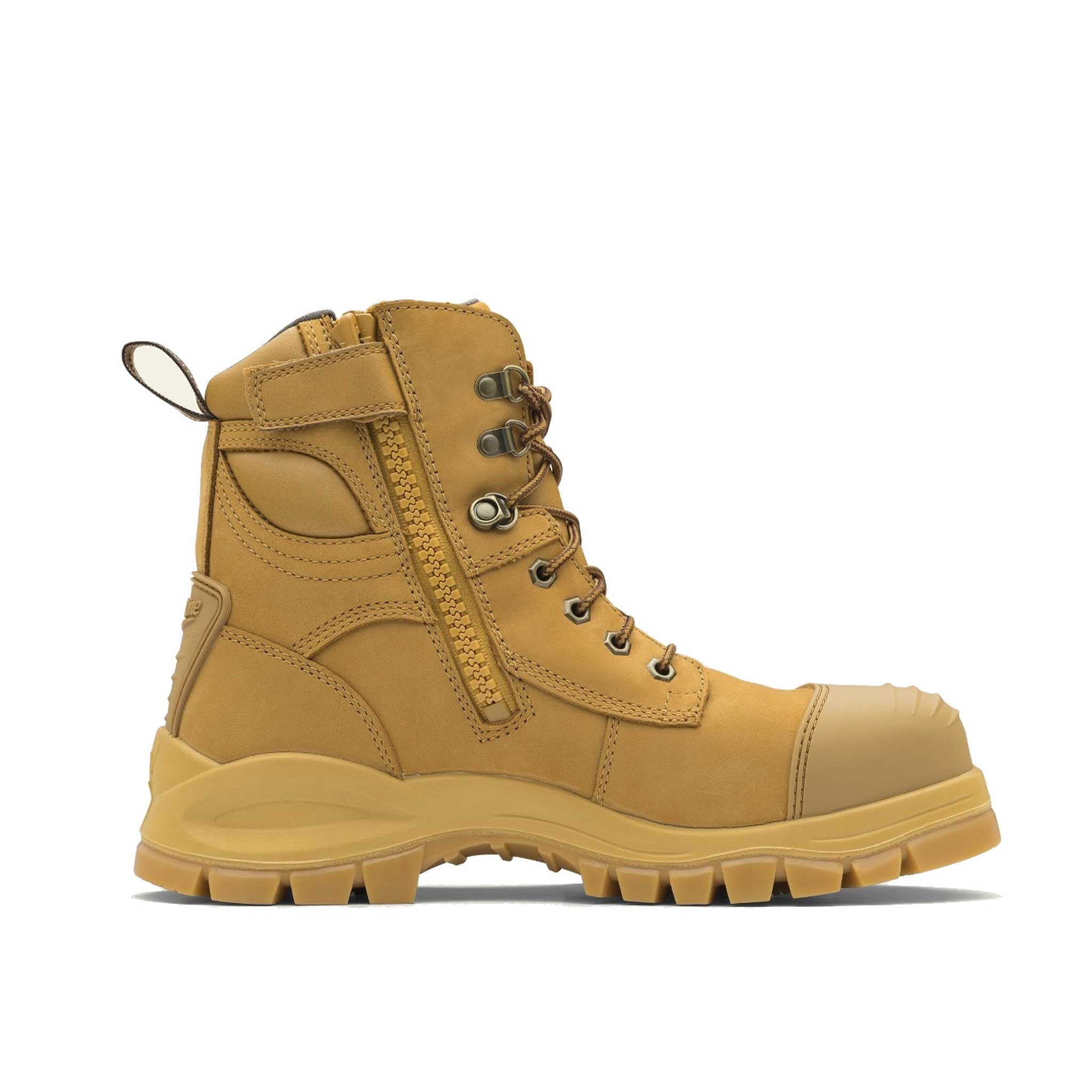 Tall wheat leather work boot with brass eyelets, a side zip, and a rear pull tab.