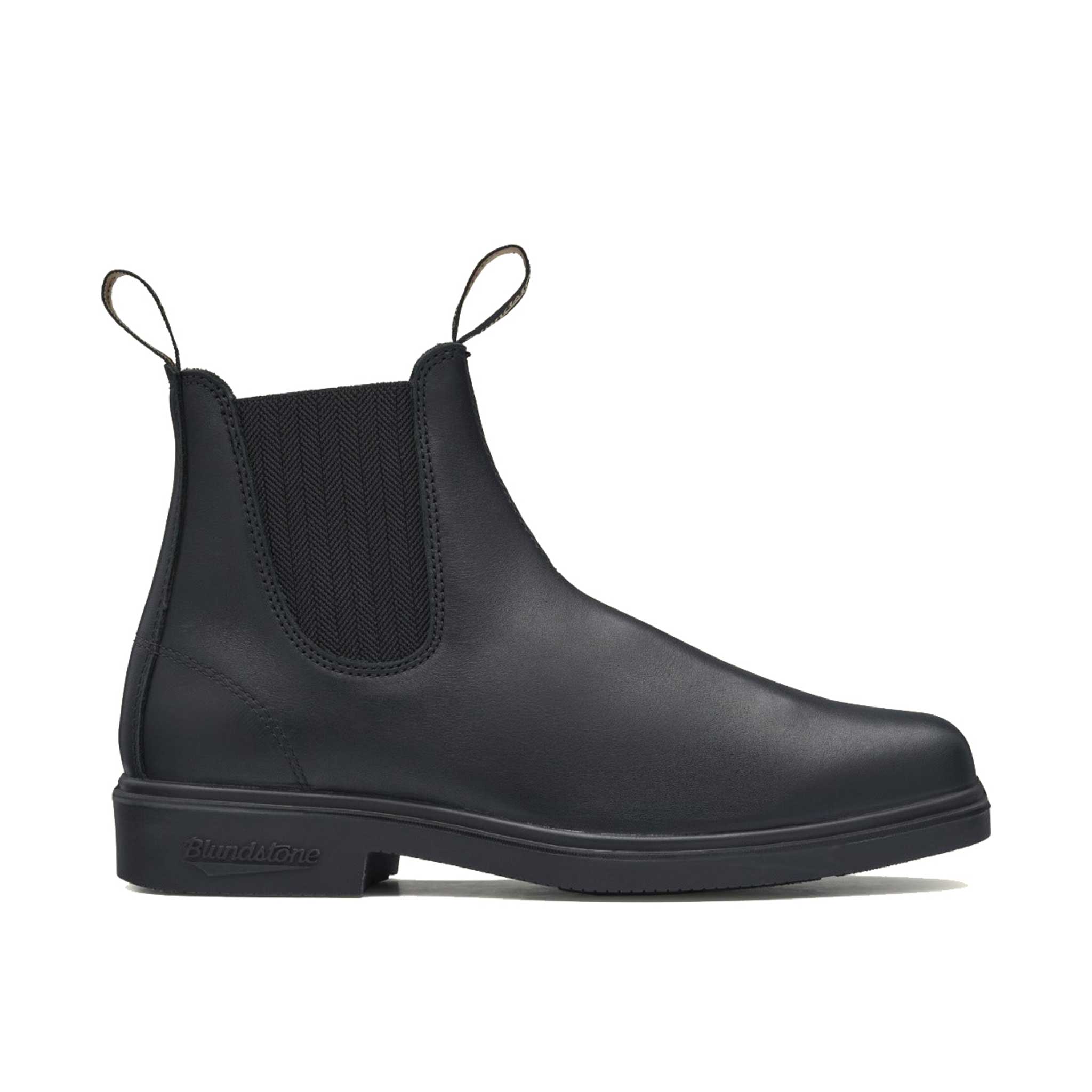 black leather chelsea style workboot with semi textured leather finish and pull tabs on the collar. black elastic stretch panels and blundstone logo on sole