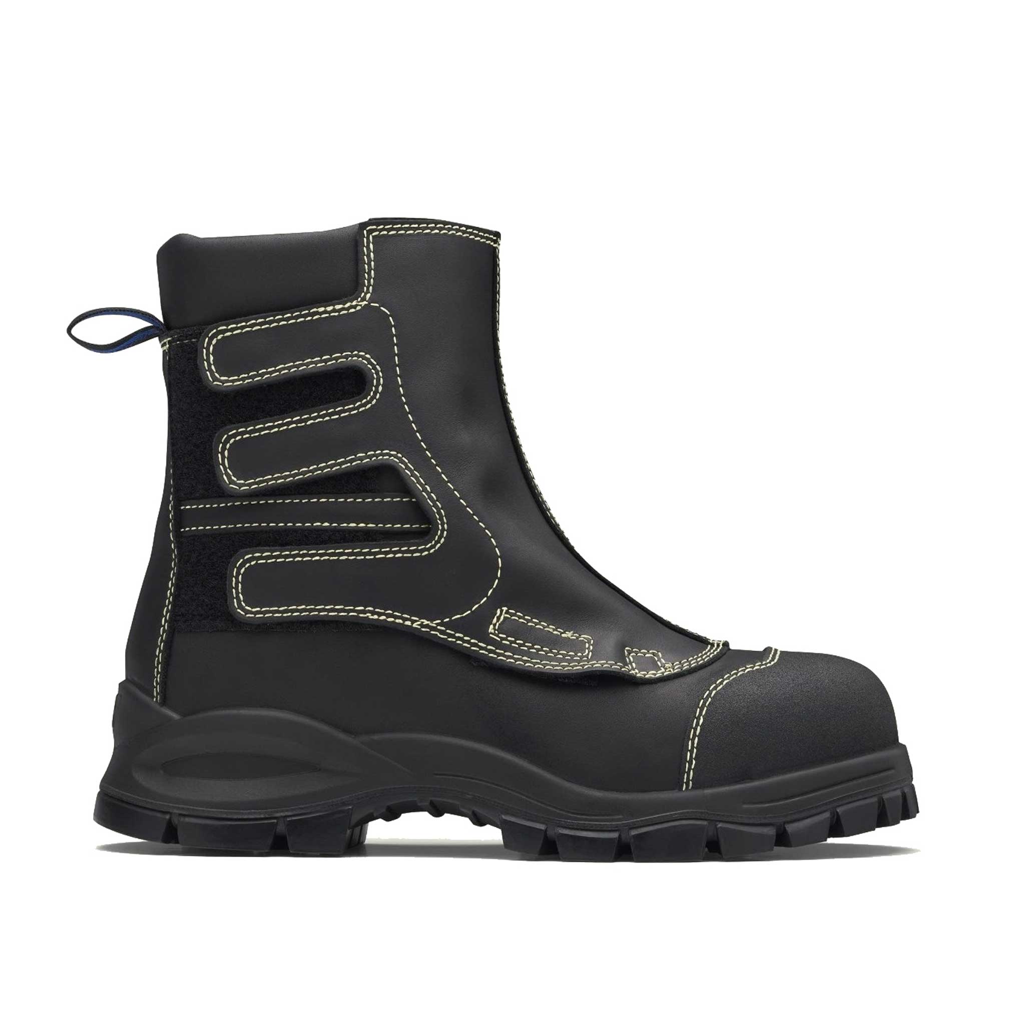 High-cut black leather safety boot with velcro, a cushioned collar, and white stitching.