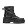 black leather high cut safety boot with velcro fastening system and cushioned collar and white stitching