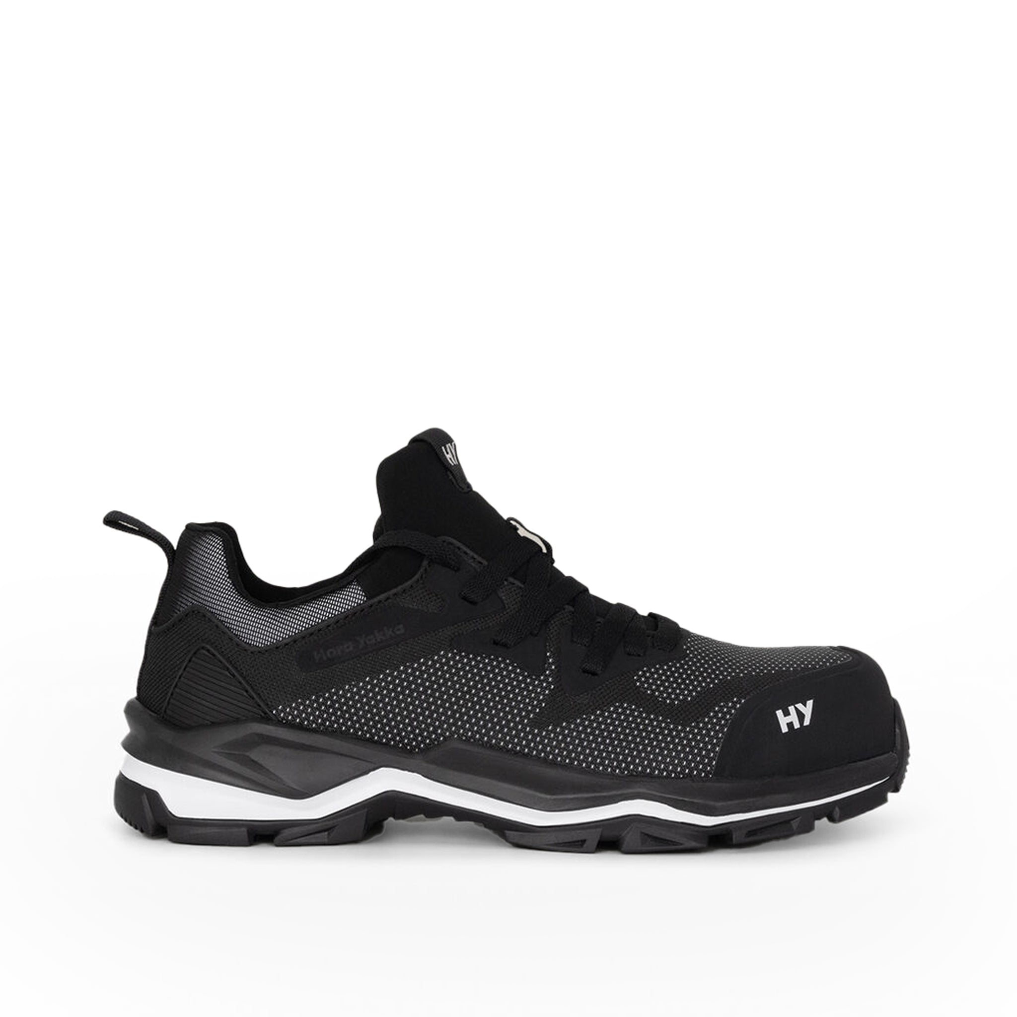 low cut jogger style work shoe with black mesh over a white backing. HY incribed in white on the toe and pull tab at rear
