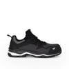 low cut jogger style work shoe with black mesh over a white backing. HY incribed in white on the toe and pull tab at rear