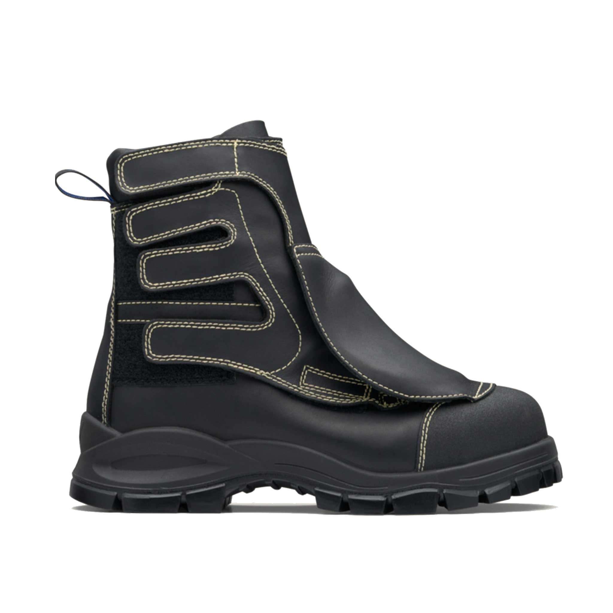 High-cut black leather work boot with velcro fastening and a heat/flame resistant front shield.